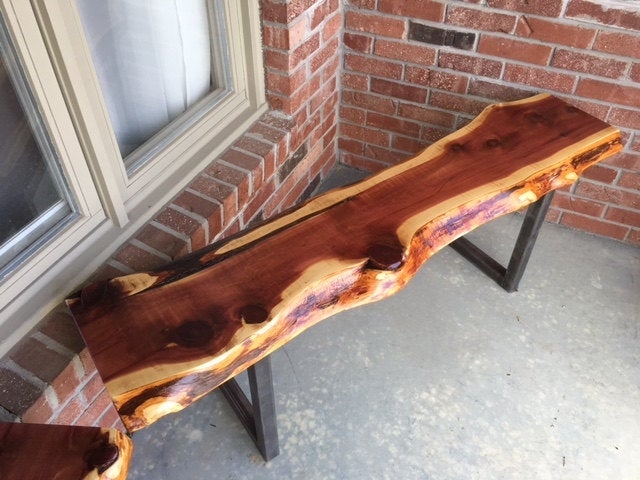 Live Edge Cedar Bench with Industrial flair Free Shipping