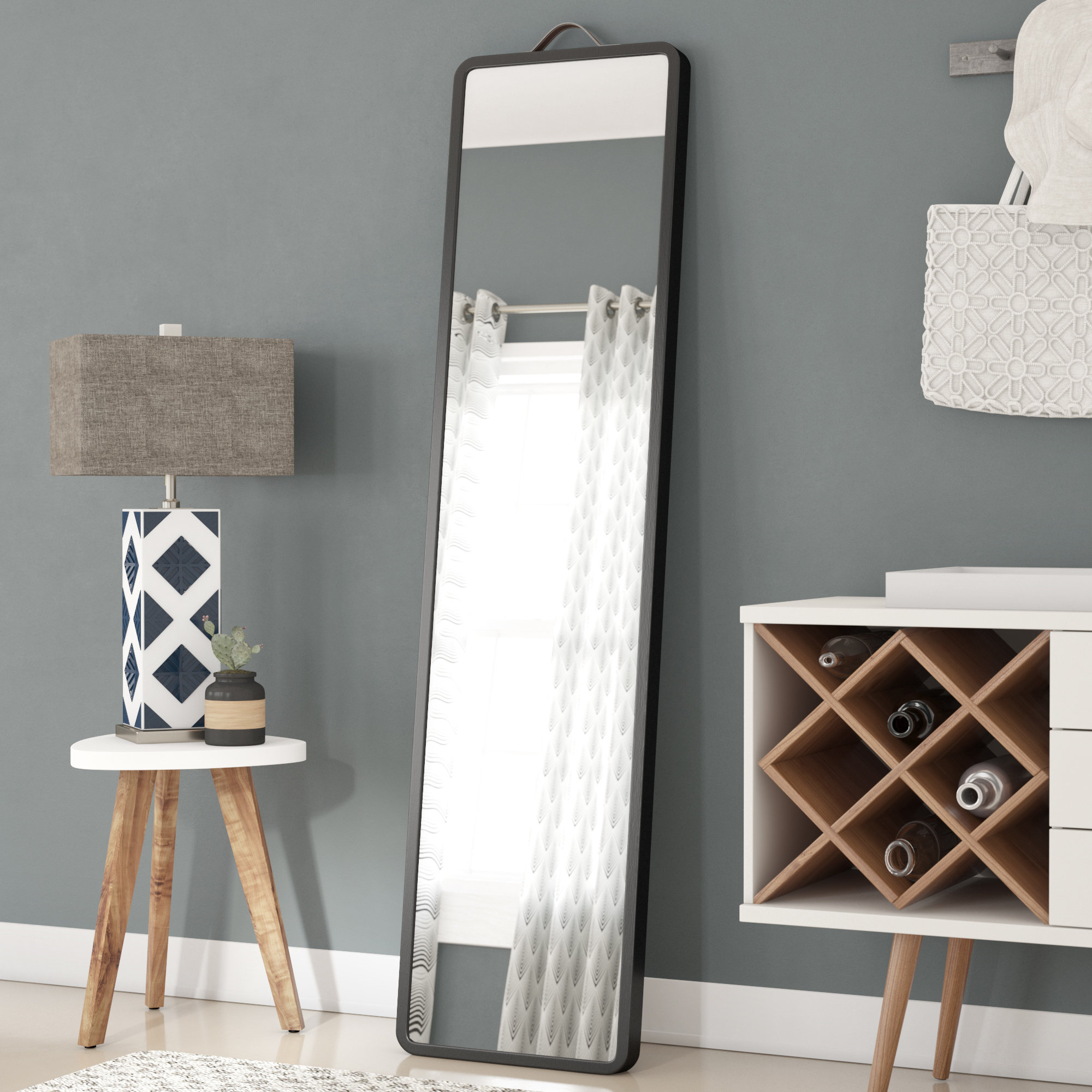 Matte Black Faux Leather Rectangle Horizontal And Vertical Floor Leaning Full Length Mirror