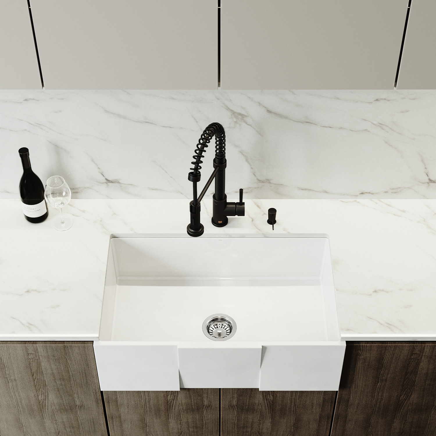 Matte Stone Acrylic Composite Farmhouse Kitchen Sink With Basket Strainer