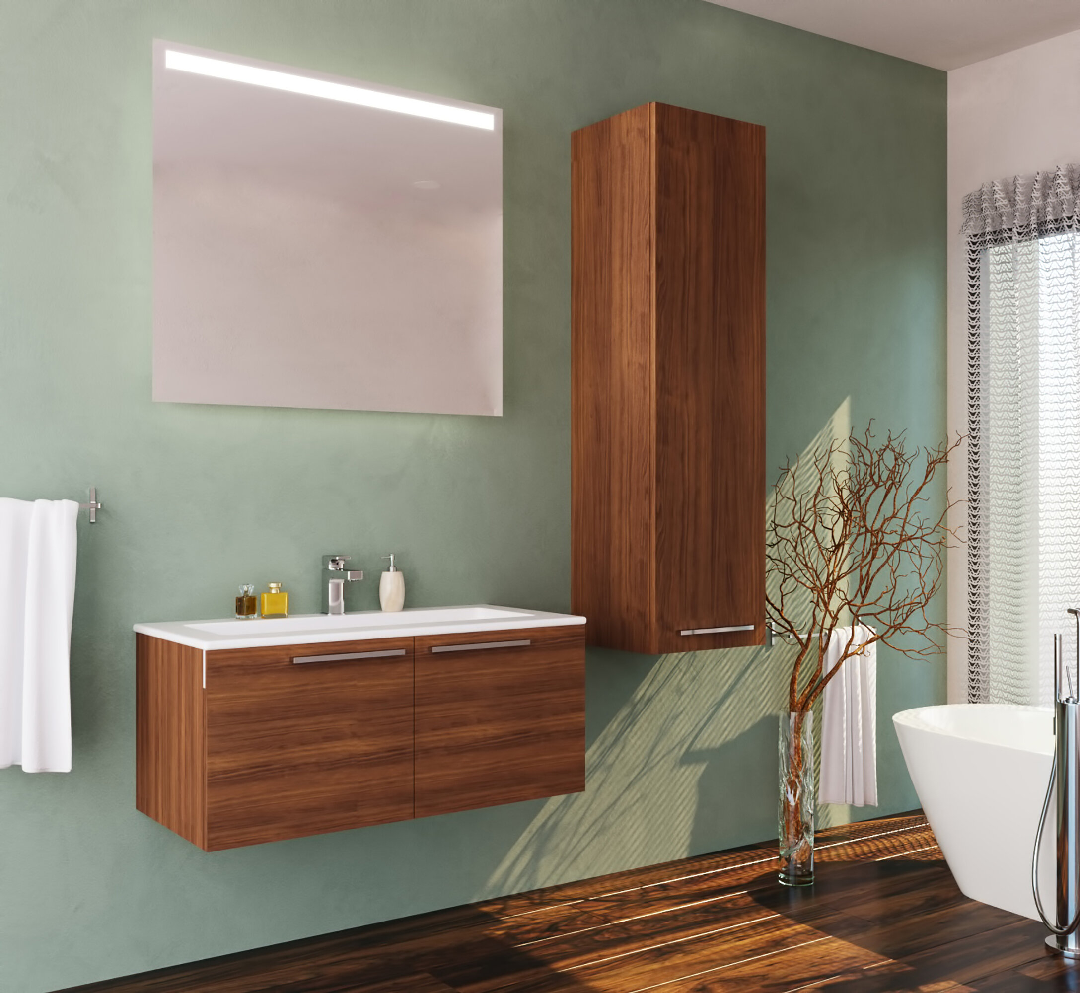 Matte Walnut White Solid Surface Wall Mounted Single Bathroom Vanity Set With Mirror