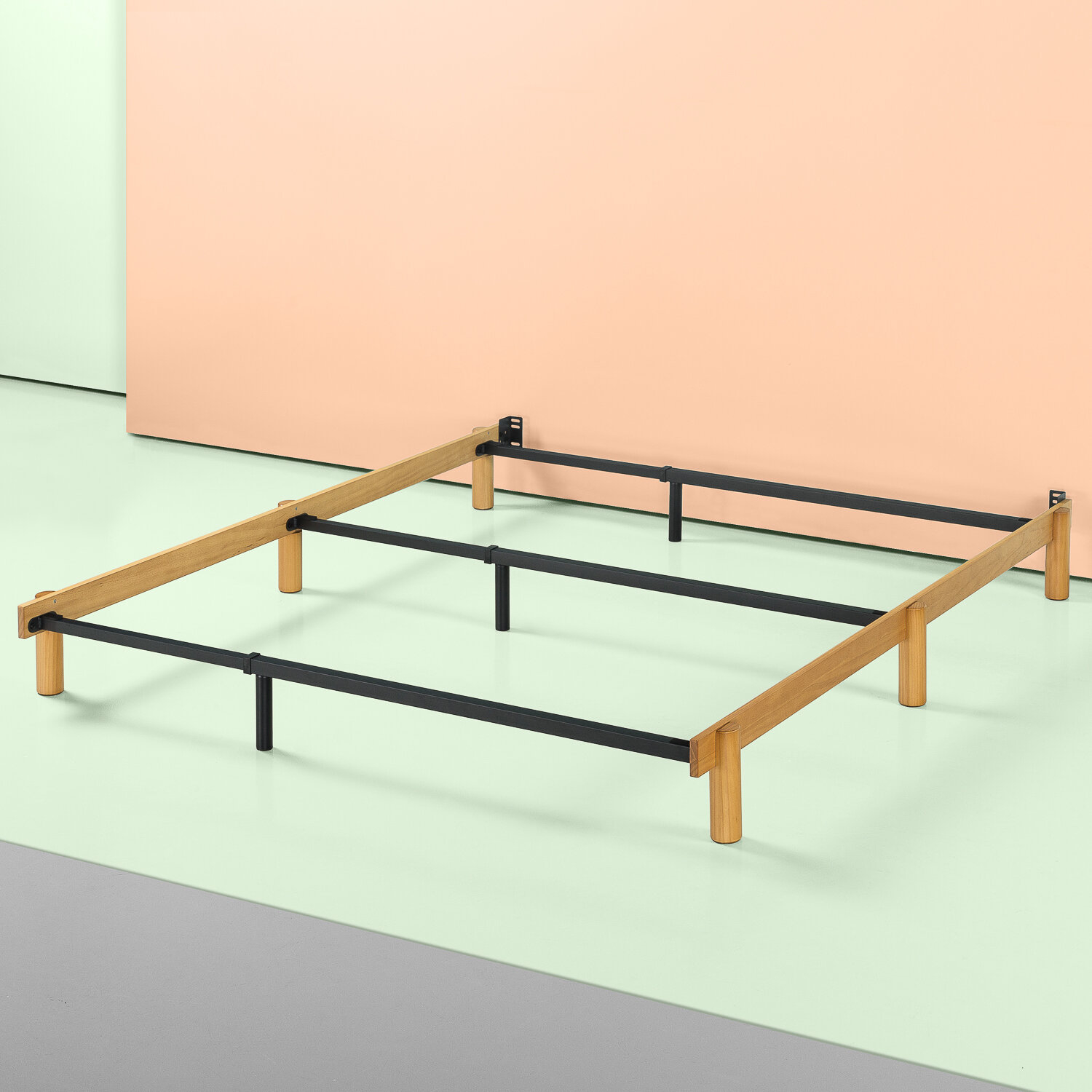 Metal Natural Pine Solid Wood Adjustable Compack Box Spring Bed Frame