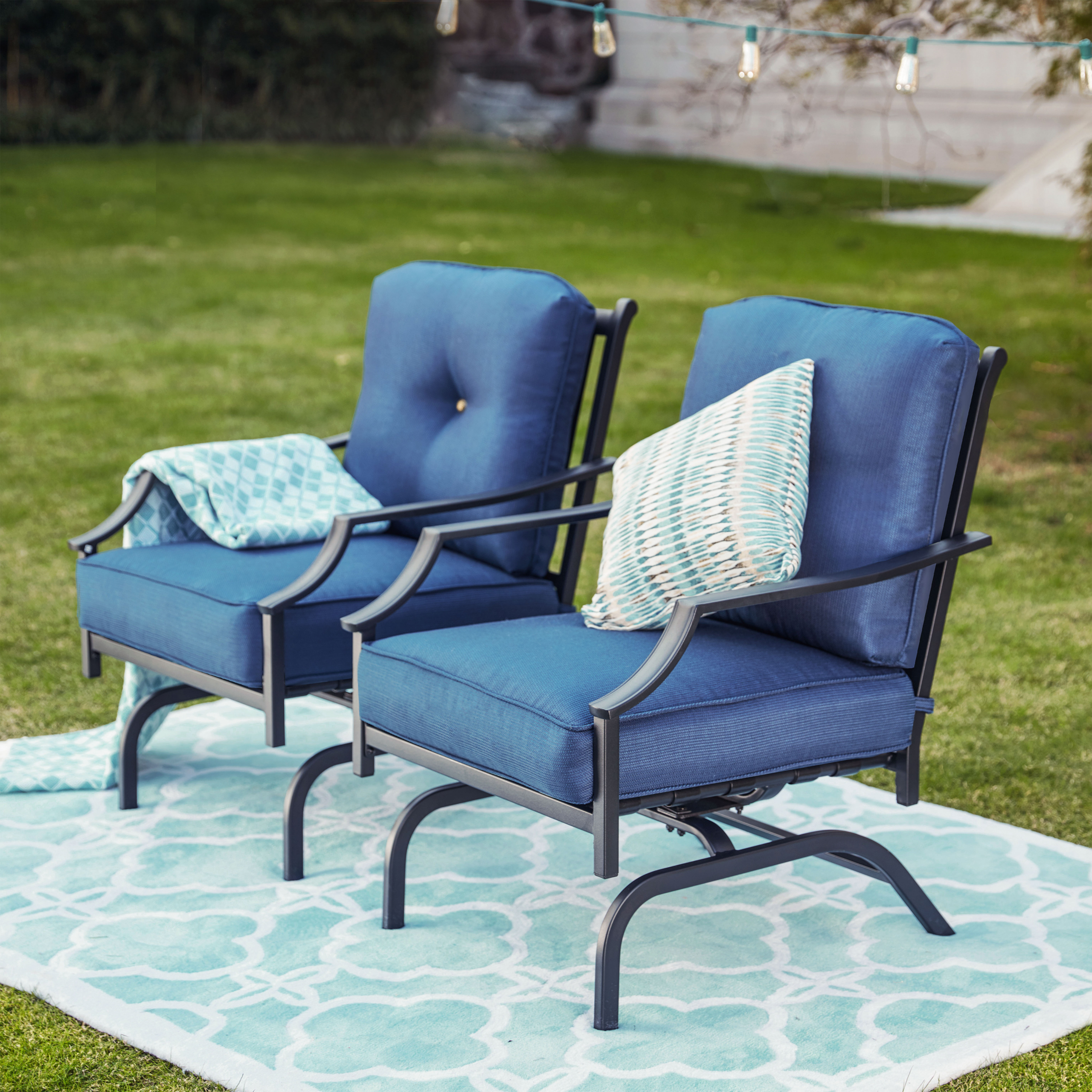 Metal Outdoor Spring Rocking Chair With Blue Olefin Cushions