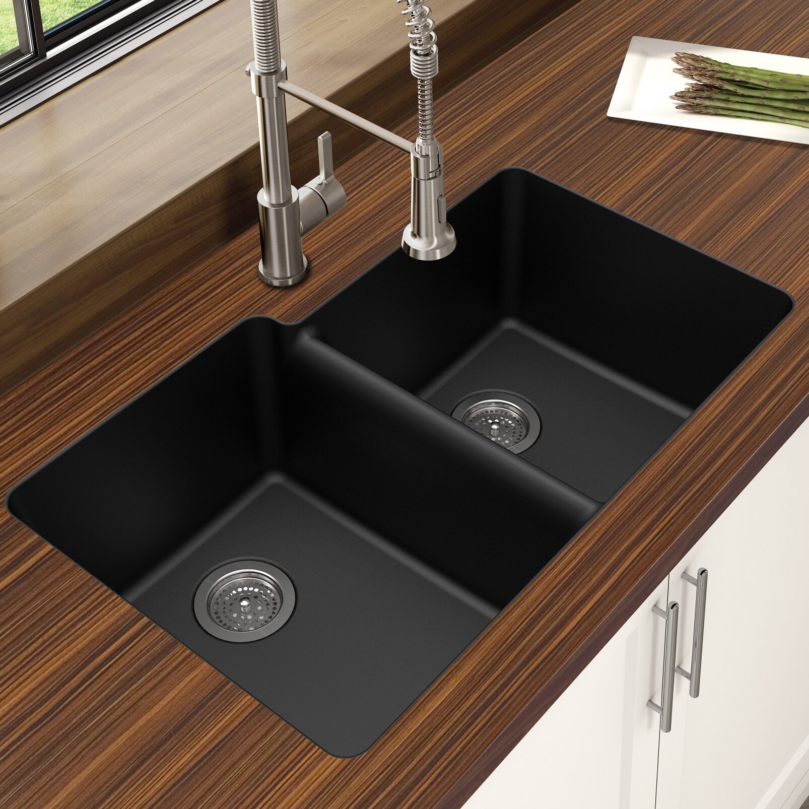 Mocha Granite Composite Quartz Double Basin Undermount Kitchen Sink