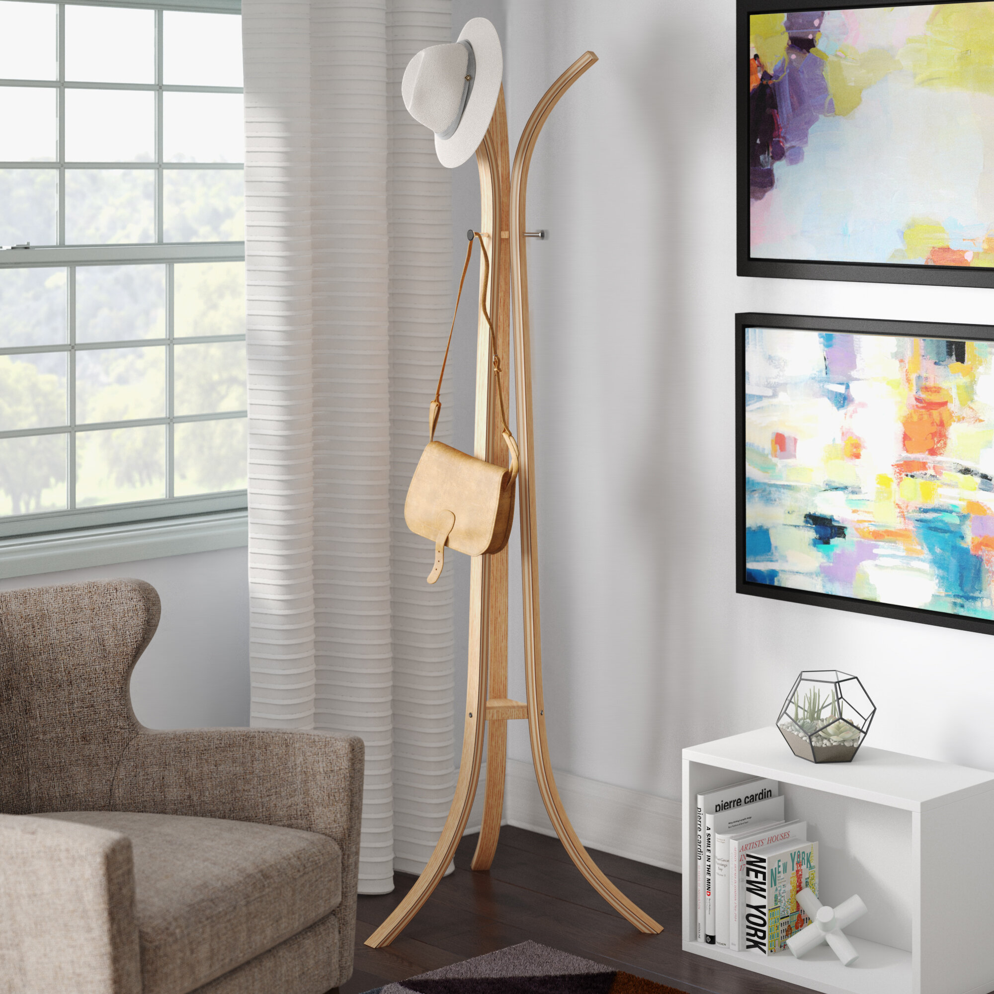 Natural Metal Wood Freestanding Coat Rack