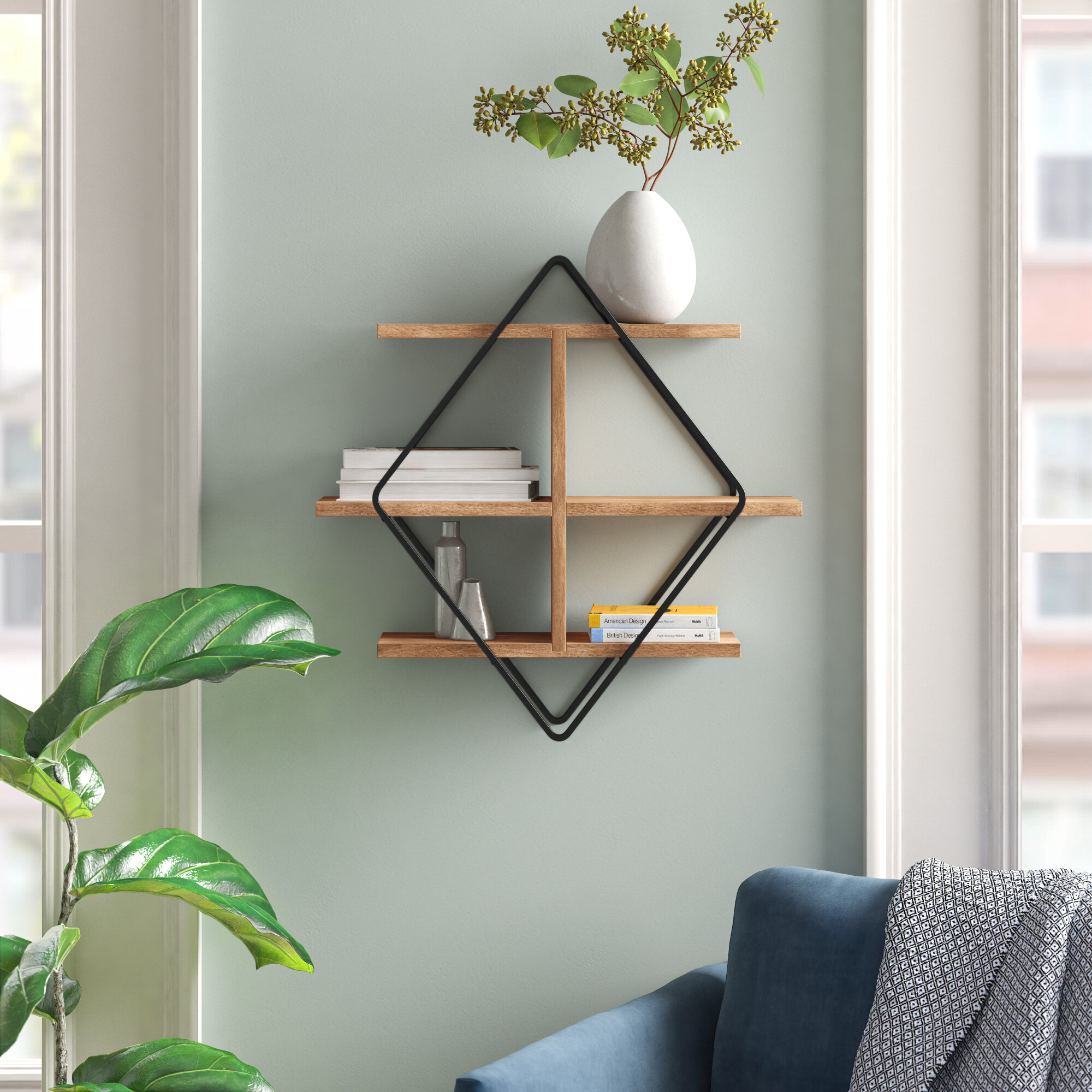 Natural Solid Wood Iron Diamond Wall Shelf
