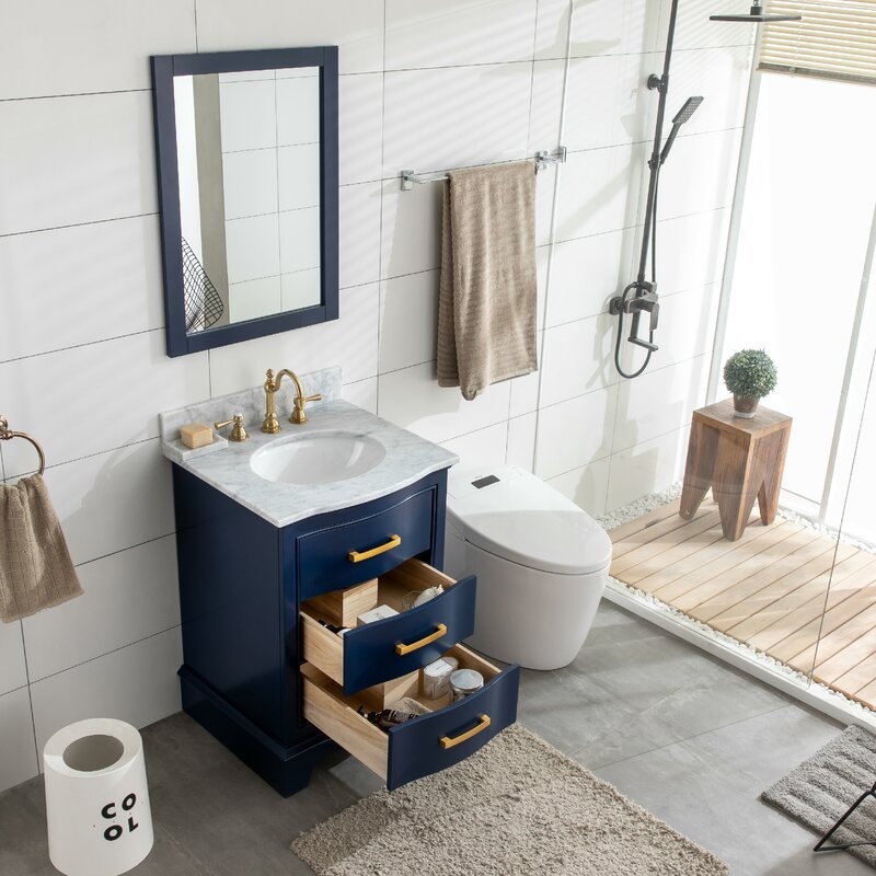 Navy Blue Carrara White Poplar Solid Manufactured Wood Marble Drawers Single Bathroom Vanity Set