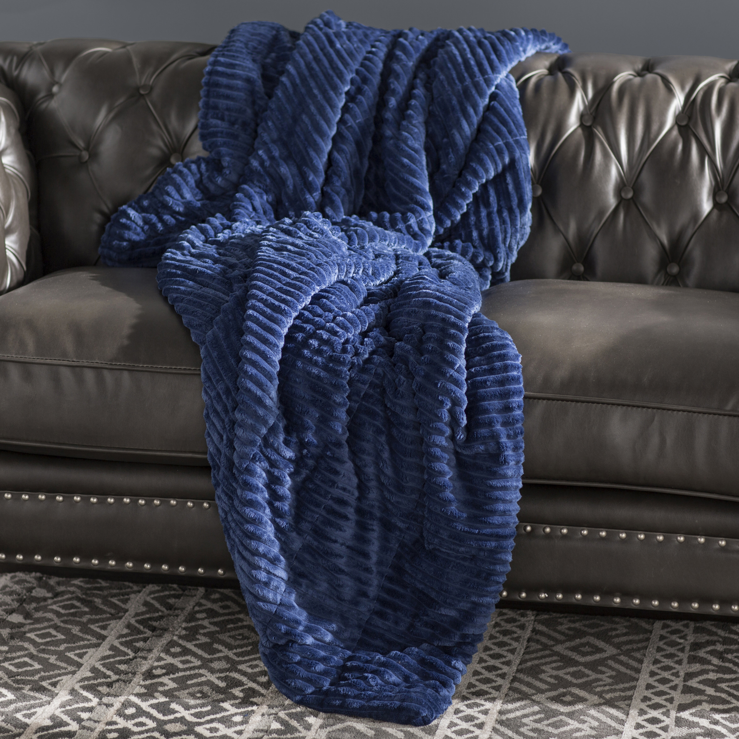 Navy Polyester Quilted Plush Down Alternative Blanket