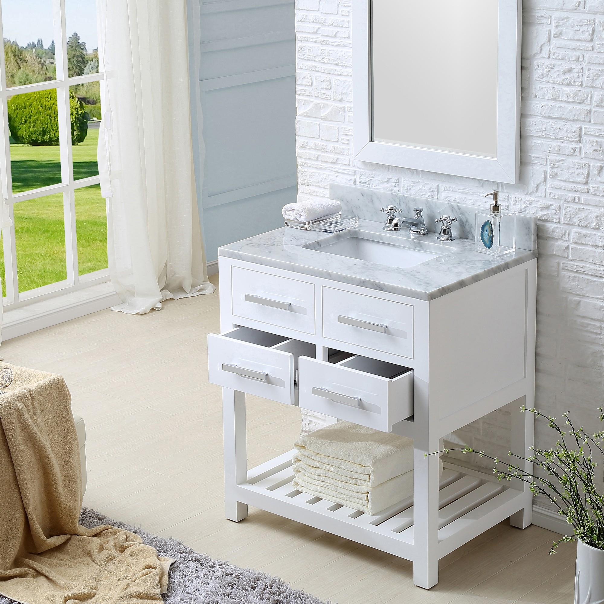 Pure White Solid Wood Carrara Marble Traditional Single Bathroom Vanity Set