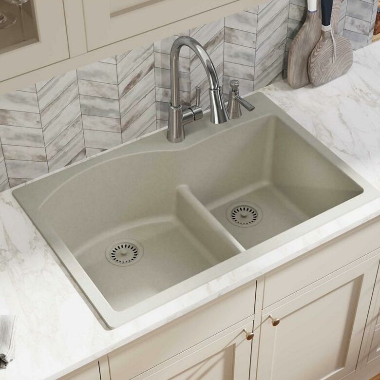 Putty Stone Double Basin Drop In Kitchen Sink With Aqua Divide