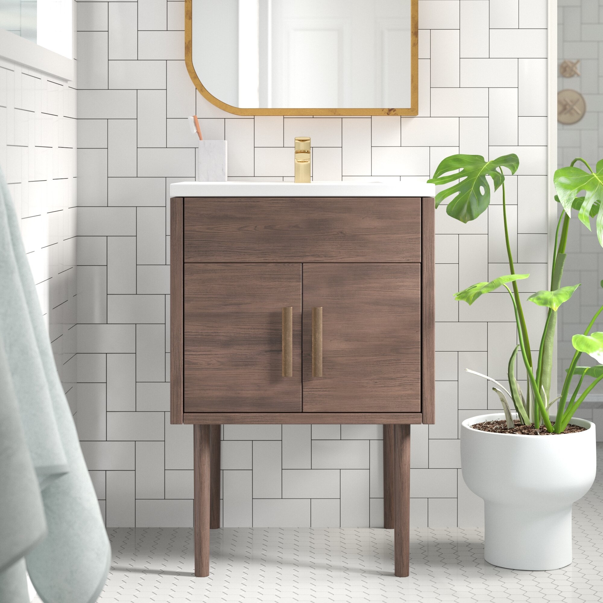Quartz White Brown Manufactured Wood Melamine Freestanding Single Bathroom Vanity Set