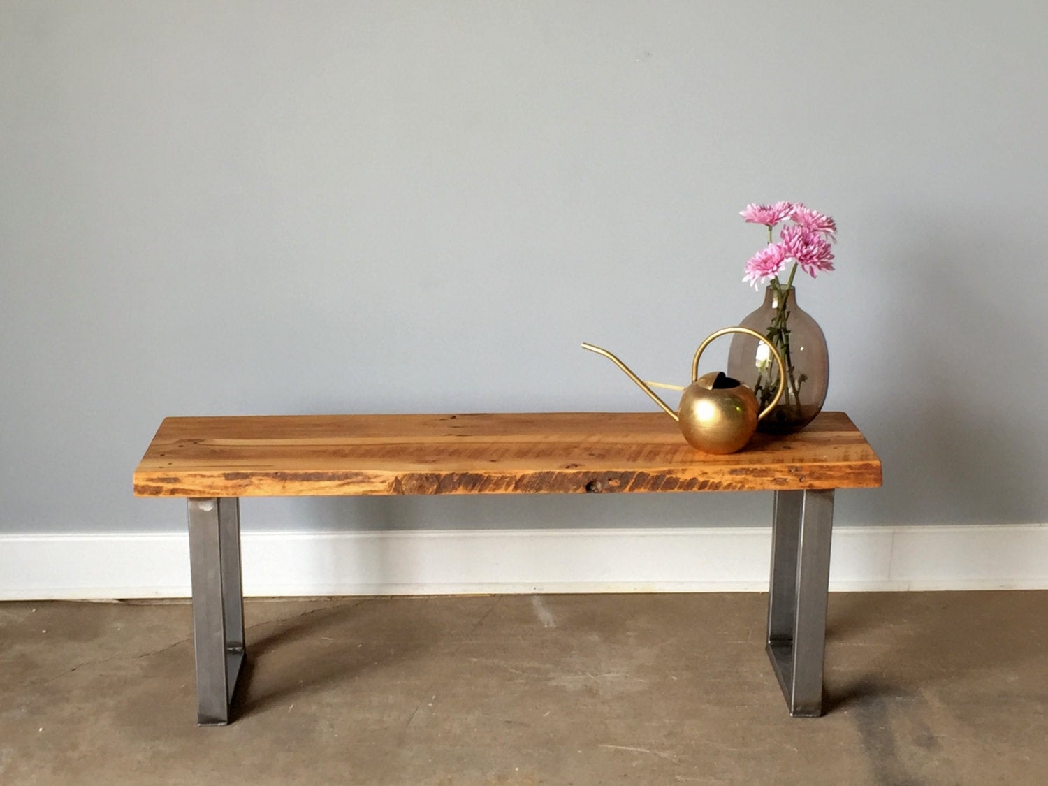Reclaimed Wood Live Edge Bench / U-Shaped Metal Legs by