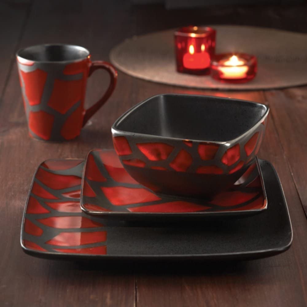 Red Black Earthenware Square Dinnerware Set