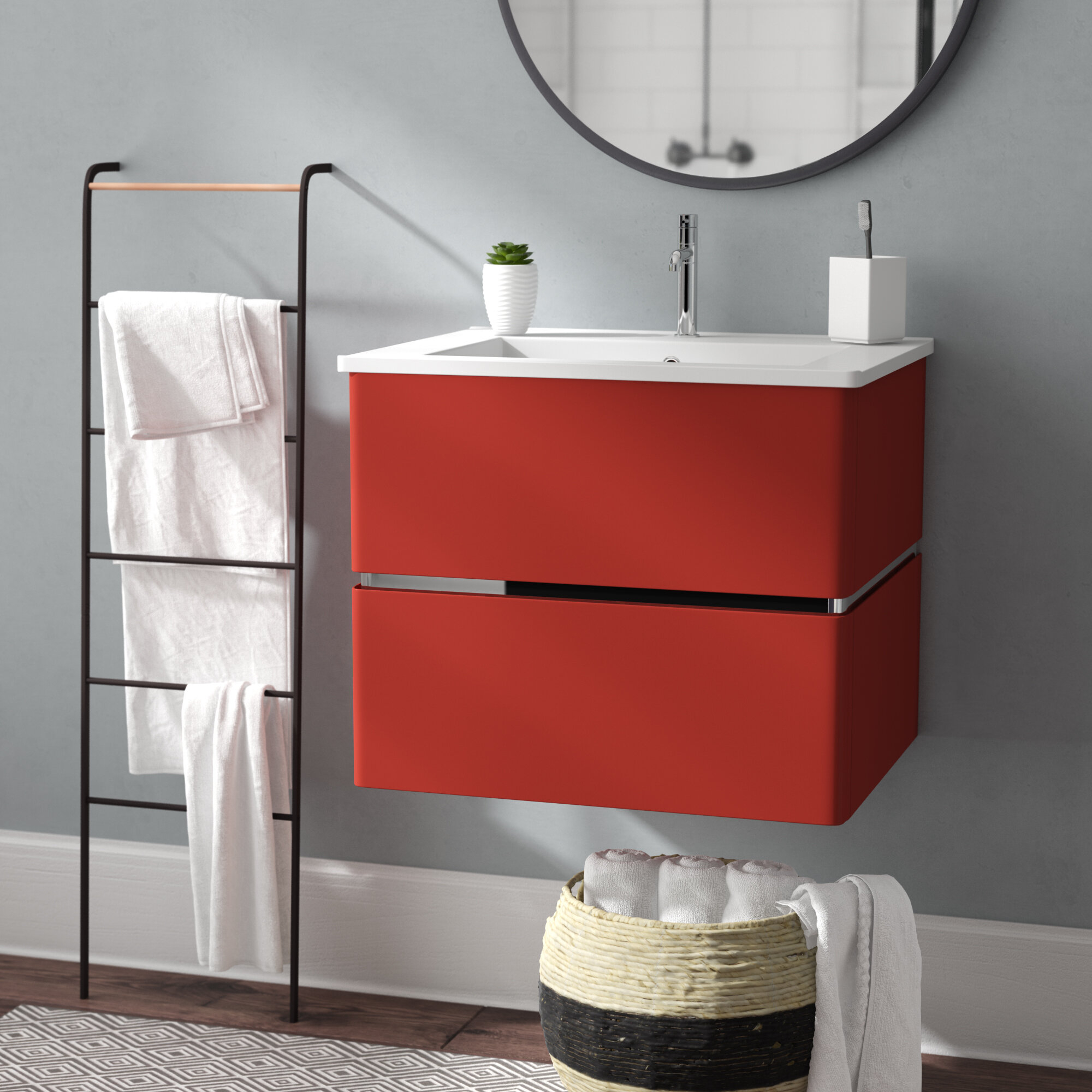 Red Vitreous China Manufactured Wood Wall Mounted Single Bathroom Vanity Set