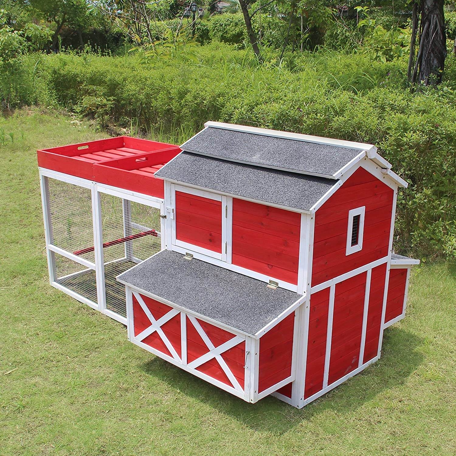 Red White Canadian Hemlock Wood Chicken Coop With Roof Top Planter
