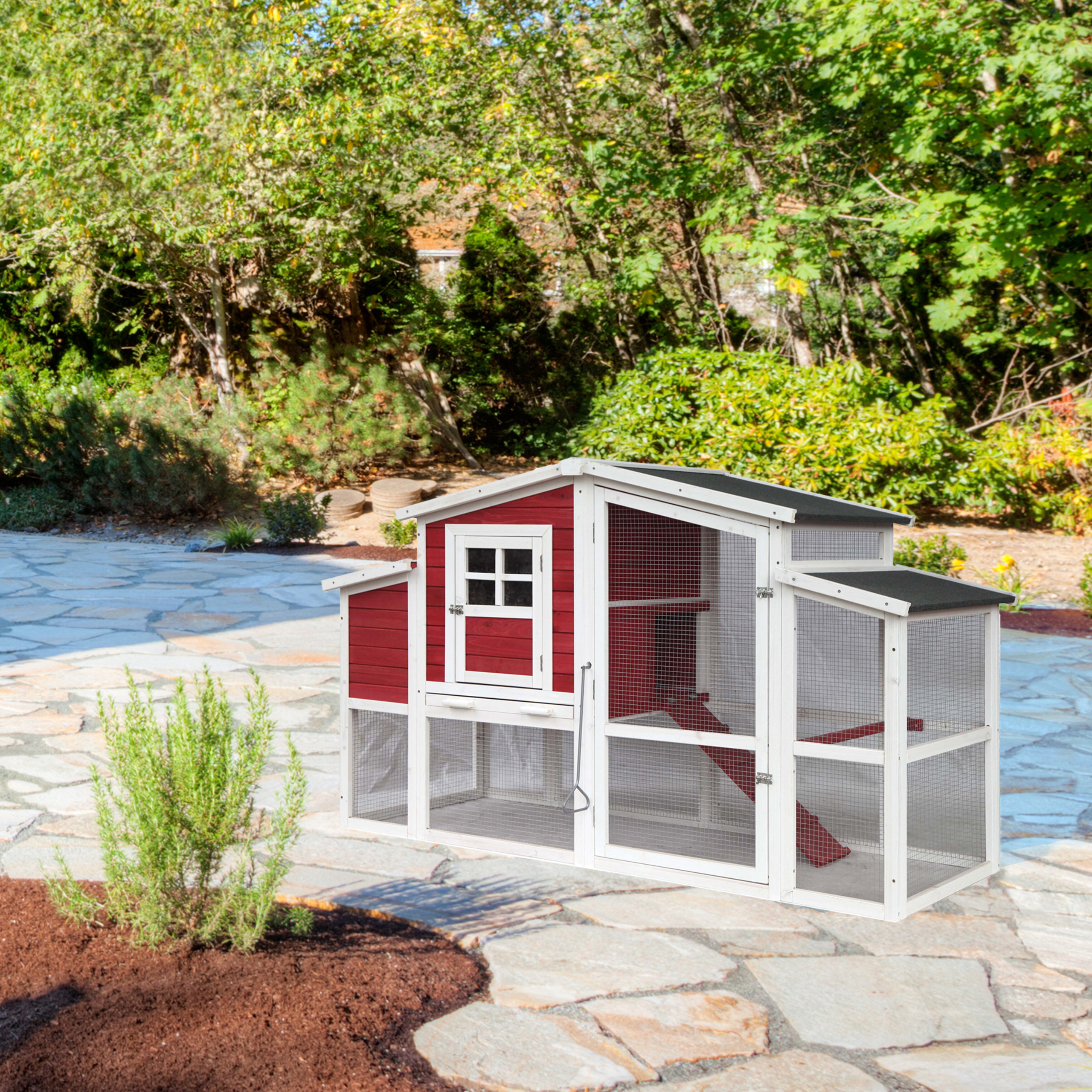 Red White Wooden Metal Chicken Coop With Roosting Bar