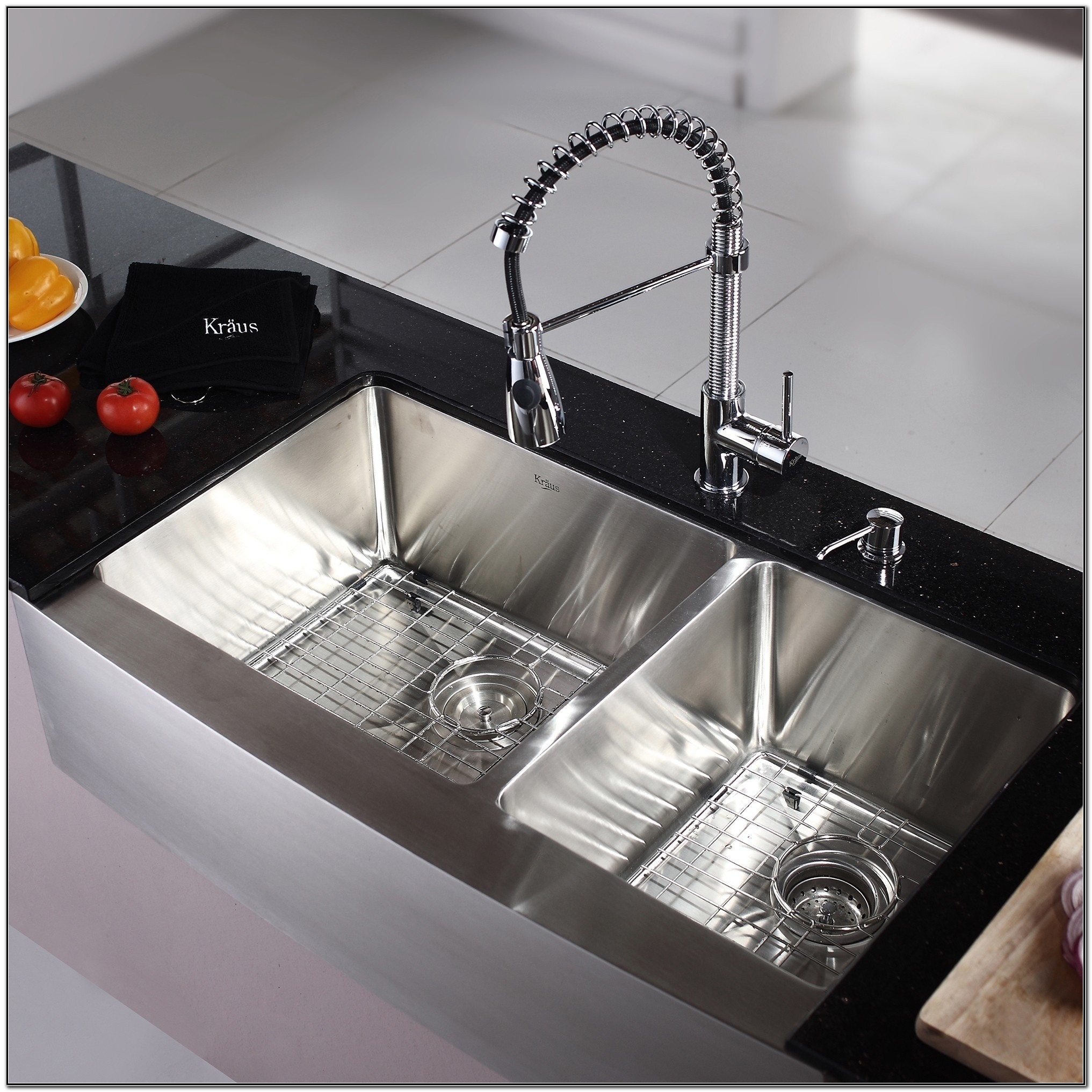 Satin Chrome Brass Stainless Steel Double Basin Farmhouse Apron Kitchen Sink With Faucet