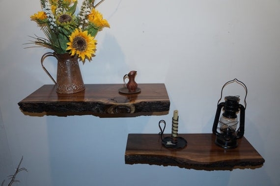 Set Of Two Live Edge Rustic Walnut Floating Shelves Walnut