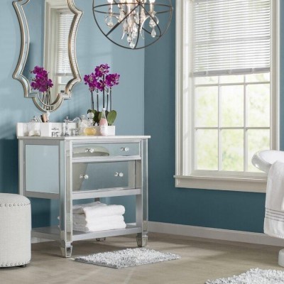 Silver Glass Reflective Stone Freestanding Single Bath Vanity Set