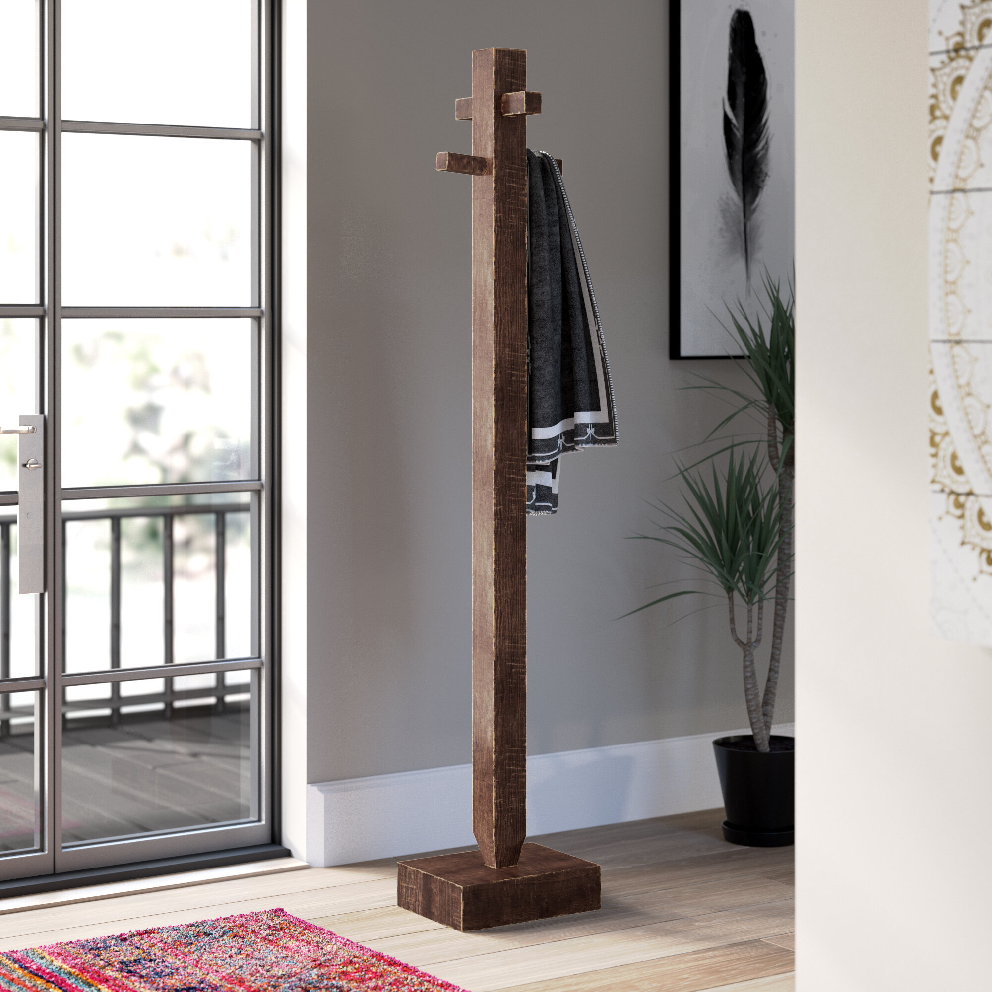 Stained And Lacquered Wood Freestanding Coat Tree