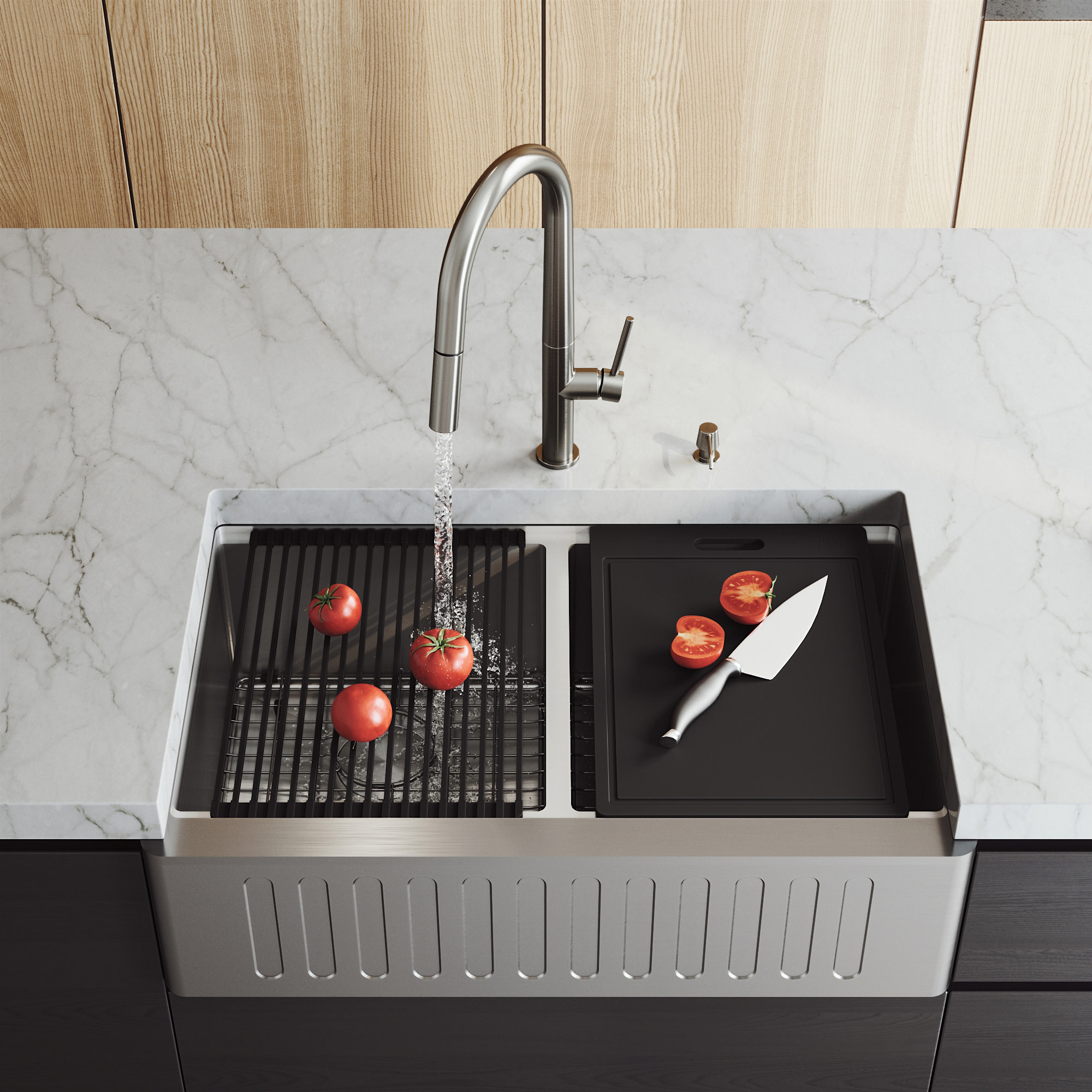 Stainless Steel Silver Double Basin Farmhouse Kitchen Sink With Basket Strainer