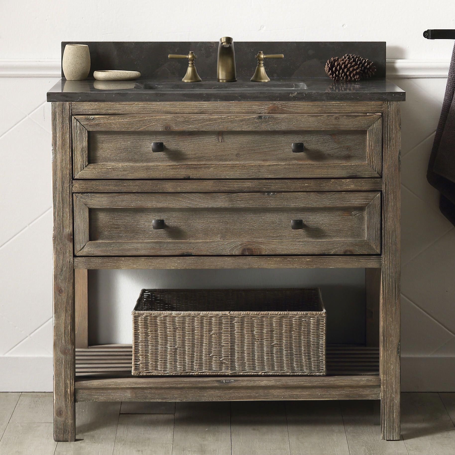 Stone Black Brown Solid Wood Single Bathroom Vanity Set