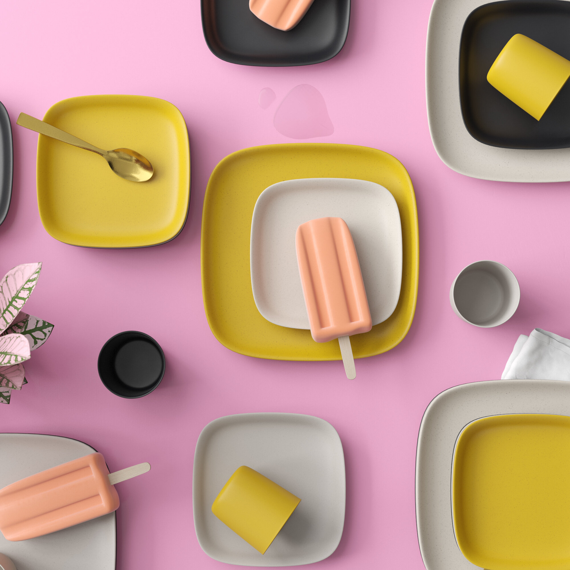 Stone Black Lemon Melamine Bamboo Square Dinnerware Set