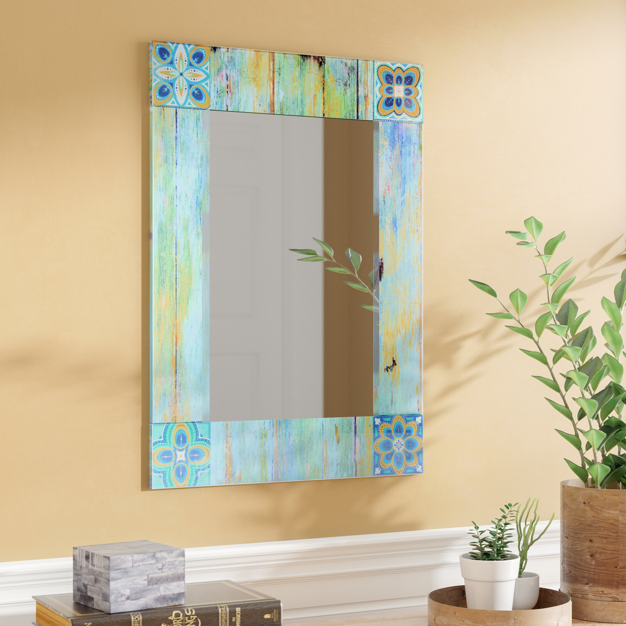 Turquoise Blue Glass Vertical Rectangle Wall Mounted Rustic Accent Mirror