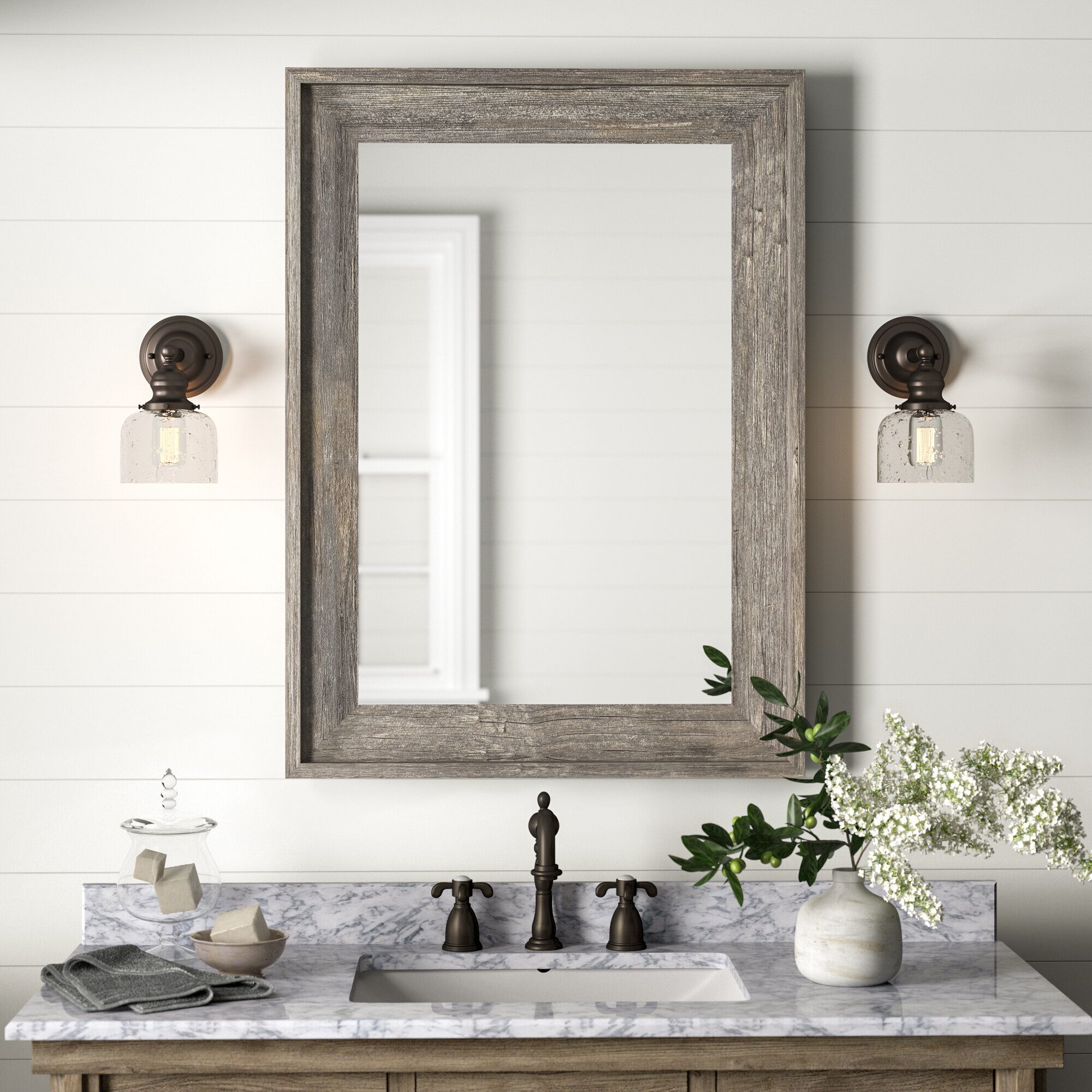 Weathered Gray Wood Rectangle Horizontal And Vertical Wall Mounted Bathroom Vanity Mirror