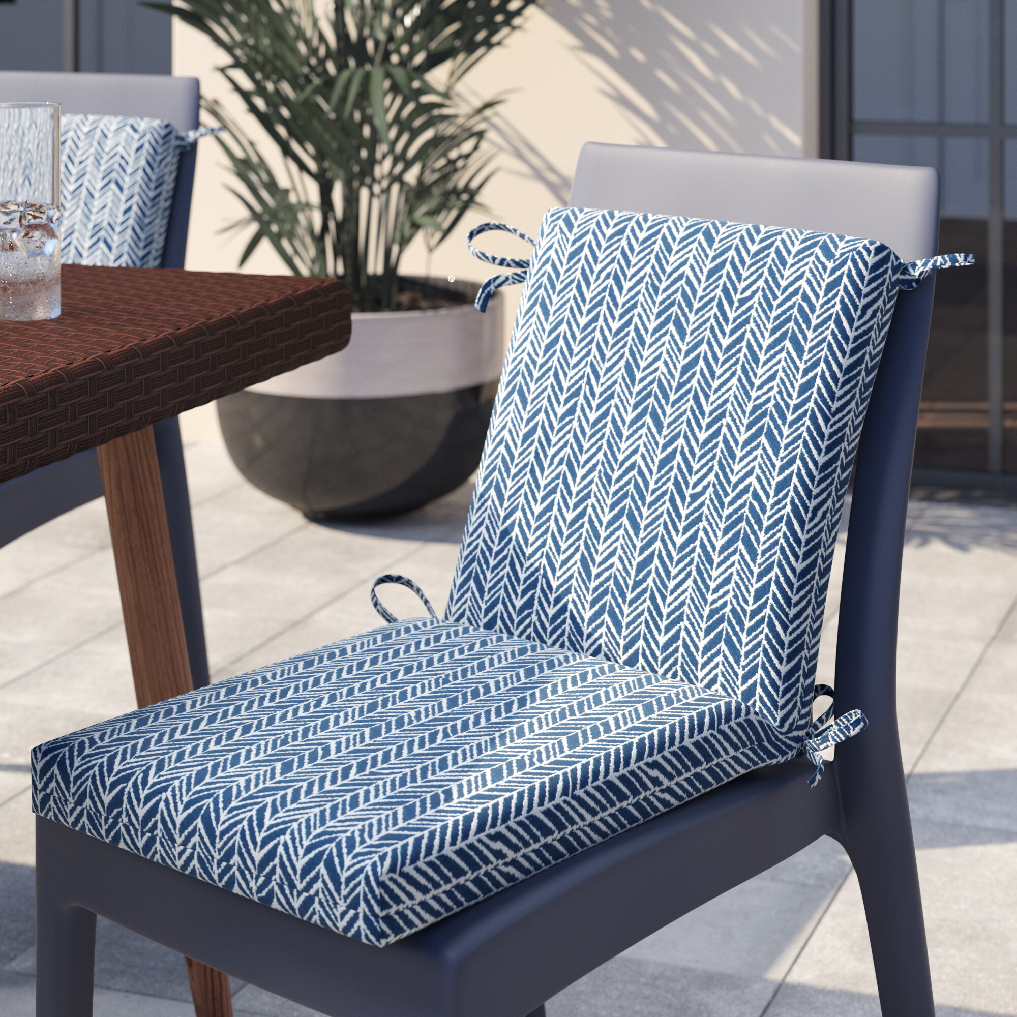 White Blue Polyester Blend Chair Cushion