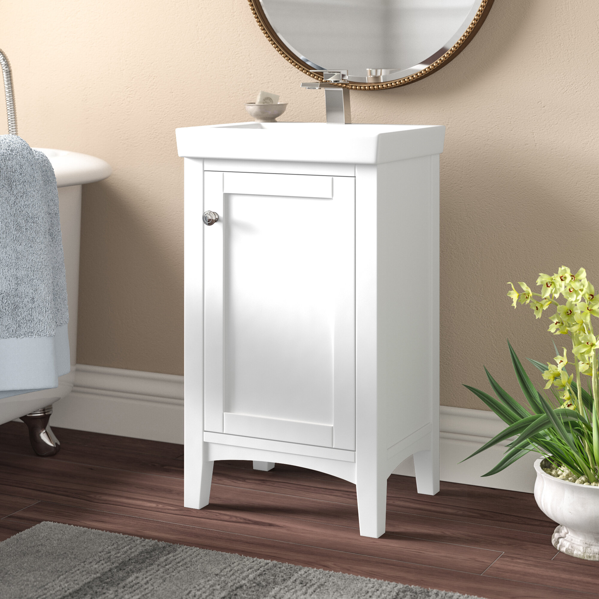 White Ceramic Solid Manufactured Wood Integrated Sink Single Bathroom Vanity Set