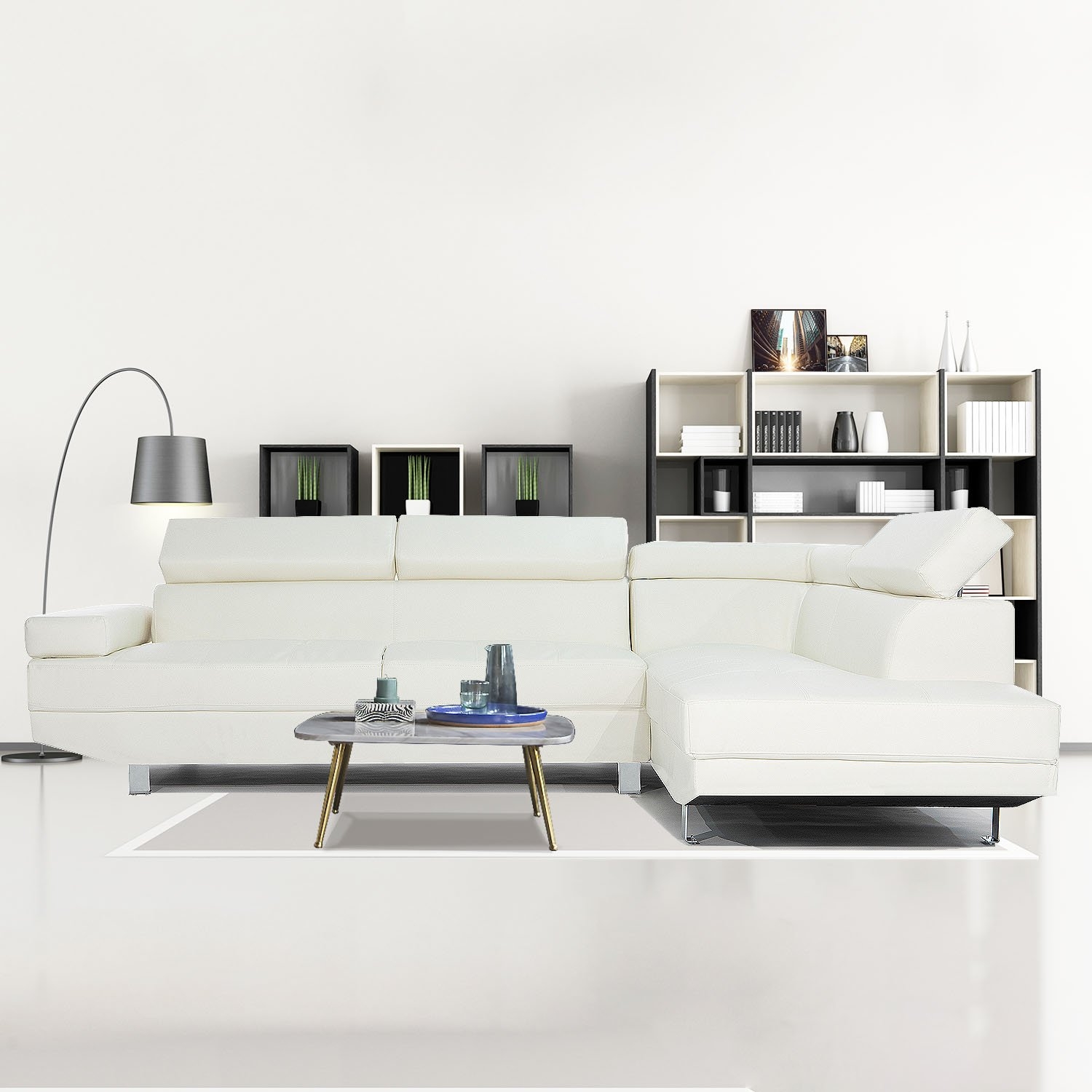 White Faux Leather Stationary Sectional