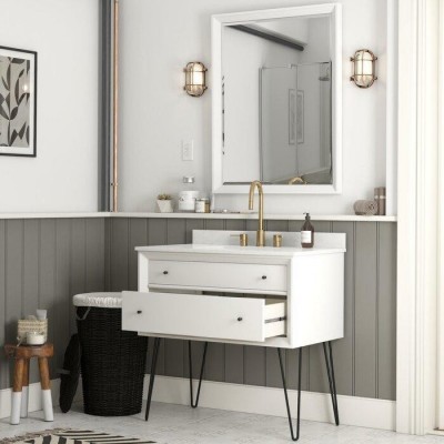 White Granite Metal Solid Manufactured Wood Drawers Single Bathroom Vanity Set