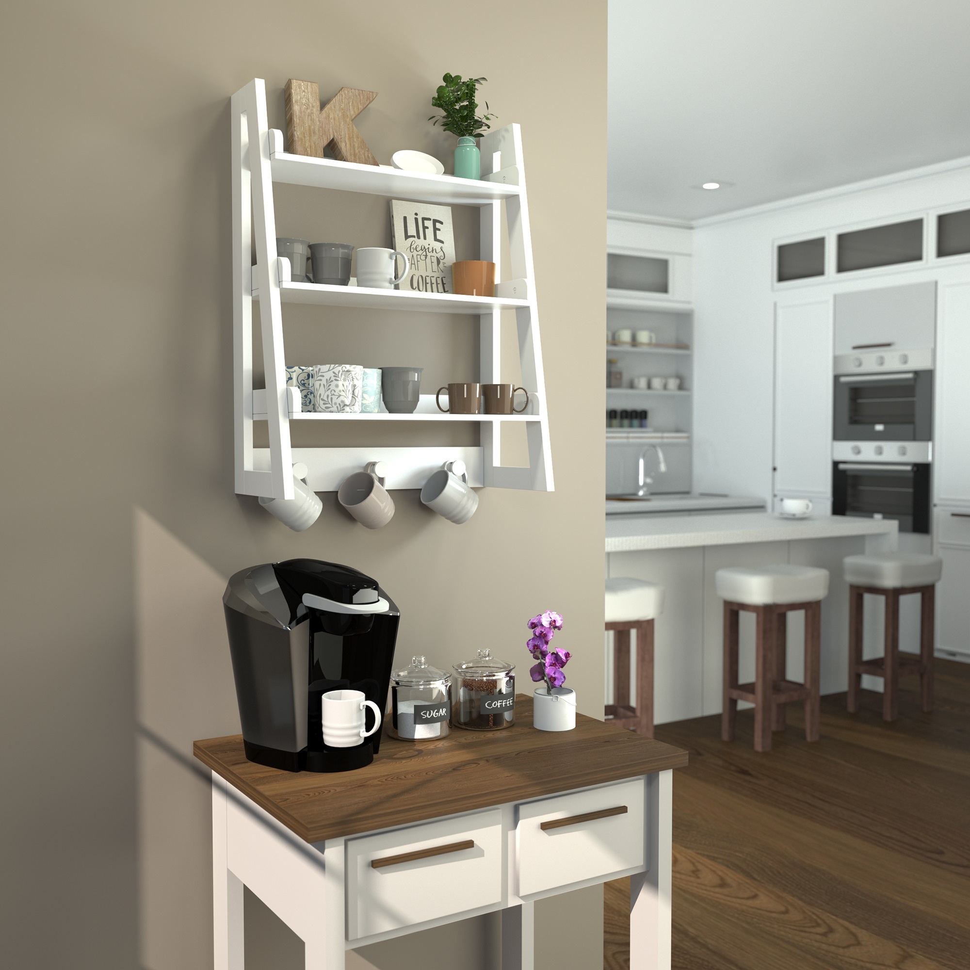 White Manufactured Wood Ladder Tiered Wall Shelf