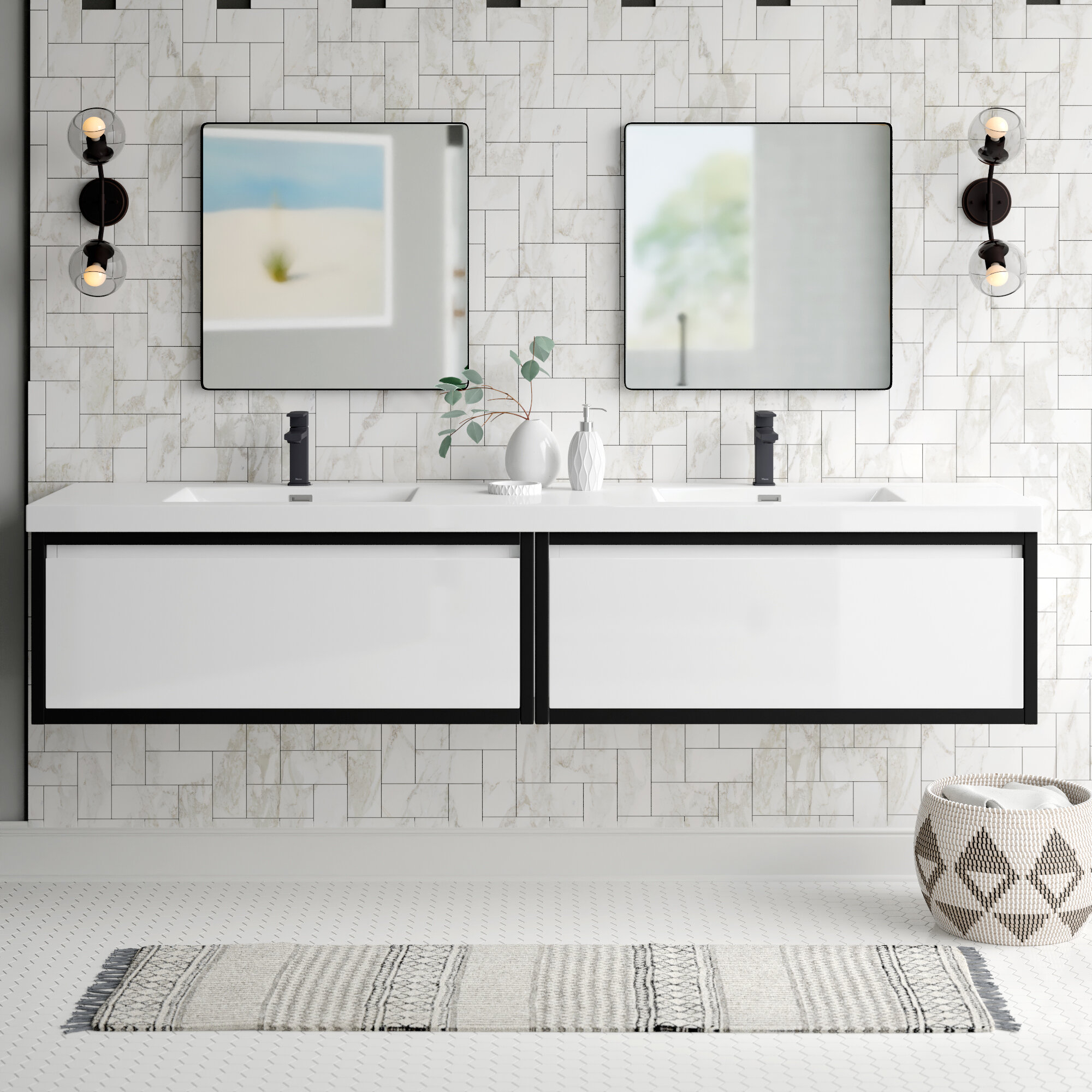 White Manufactured Wood Plastic Acrylic Wall Mounted Double Bathroom Vanity Set
