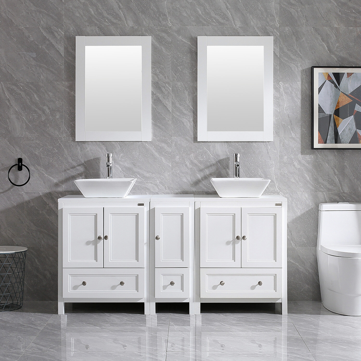 White Manufactured Wood Vessel Sink Double Bathroom Vanity Set With Mirror
