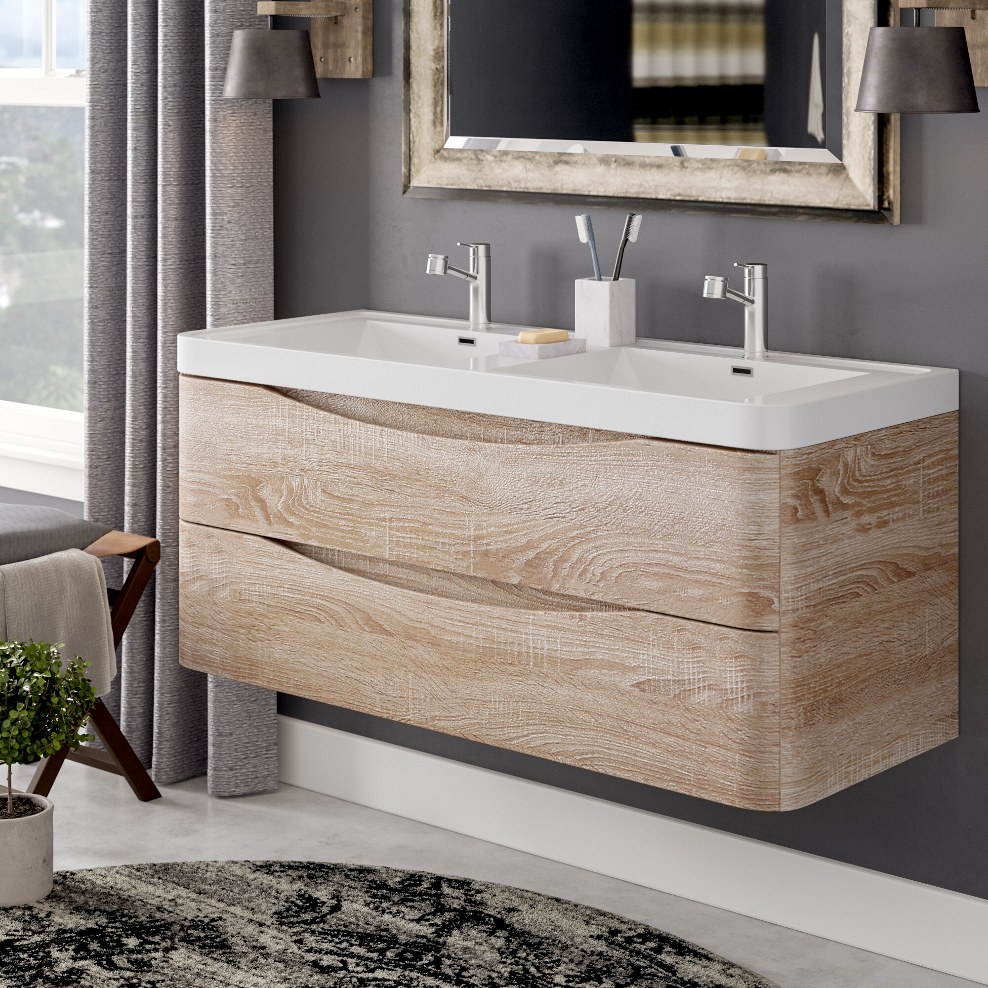 White Oak Manufactured Wood Plastic Acrylic Modern Wall Mounted Double Bathroom Vanity Set