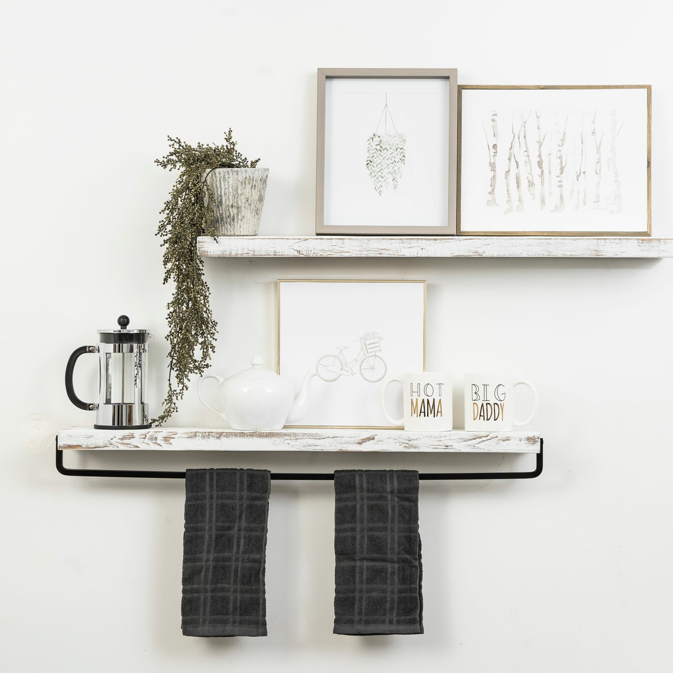 White Pine Solid Wood Rectangle Two Piece Floating Wall Shelf Set And Towel Bar