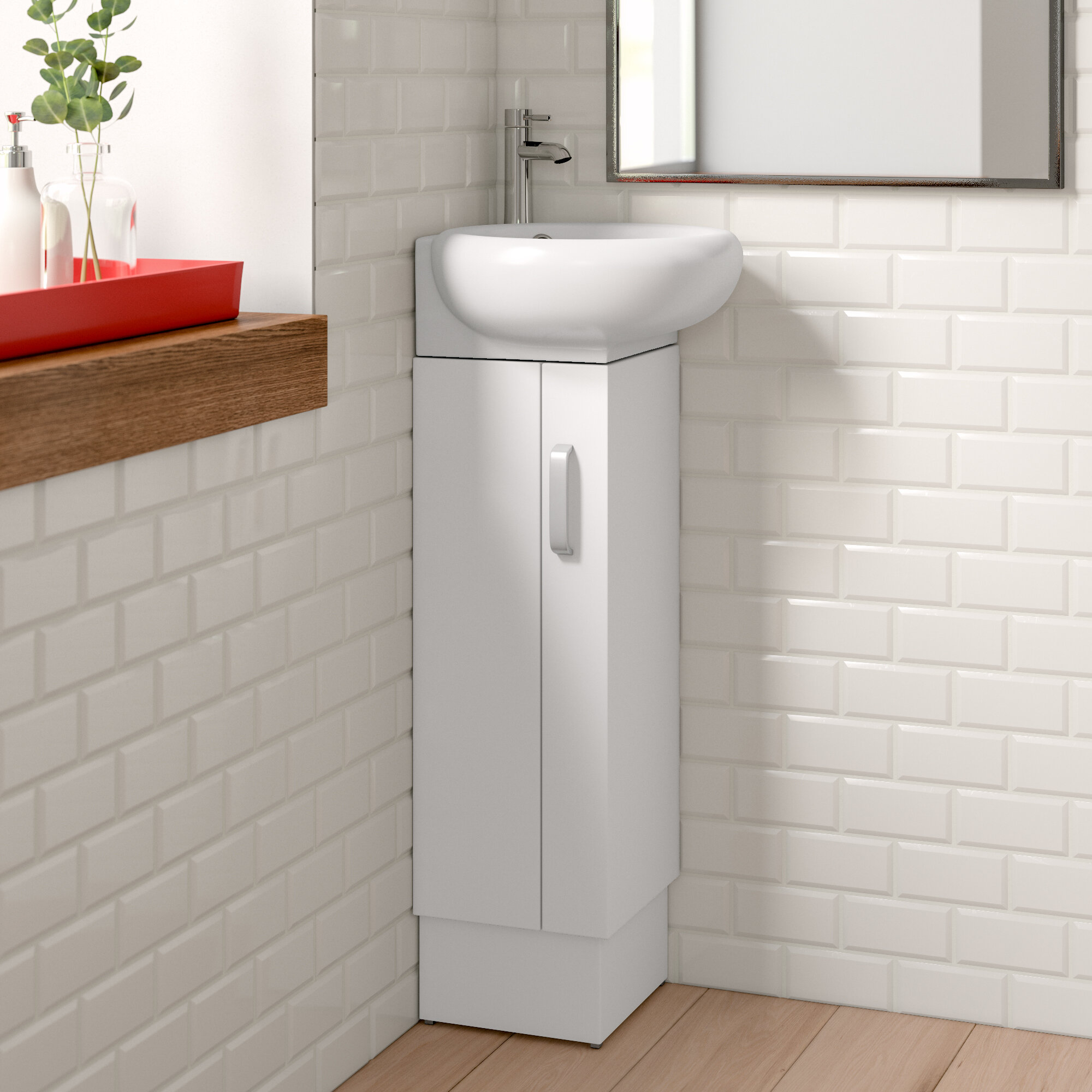 White Plywood Manufactured Wood Ceramic Corner Single Bathroom Vanity Set