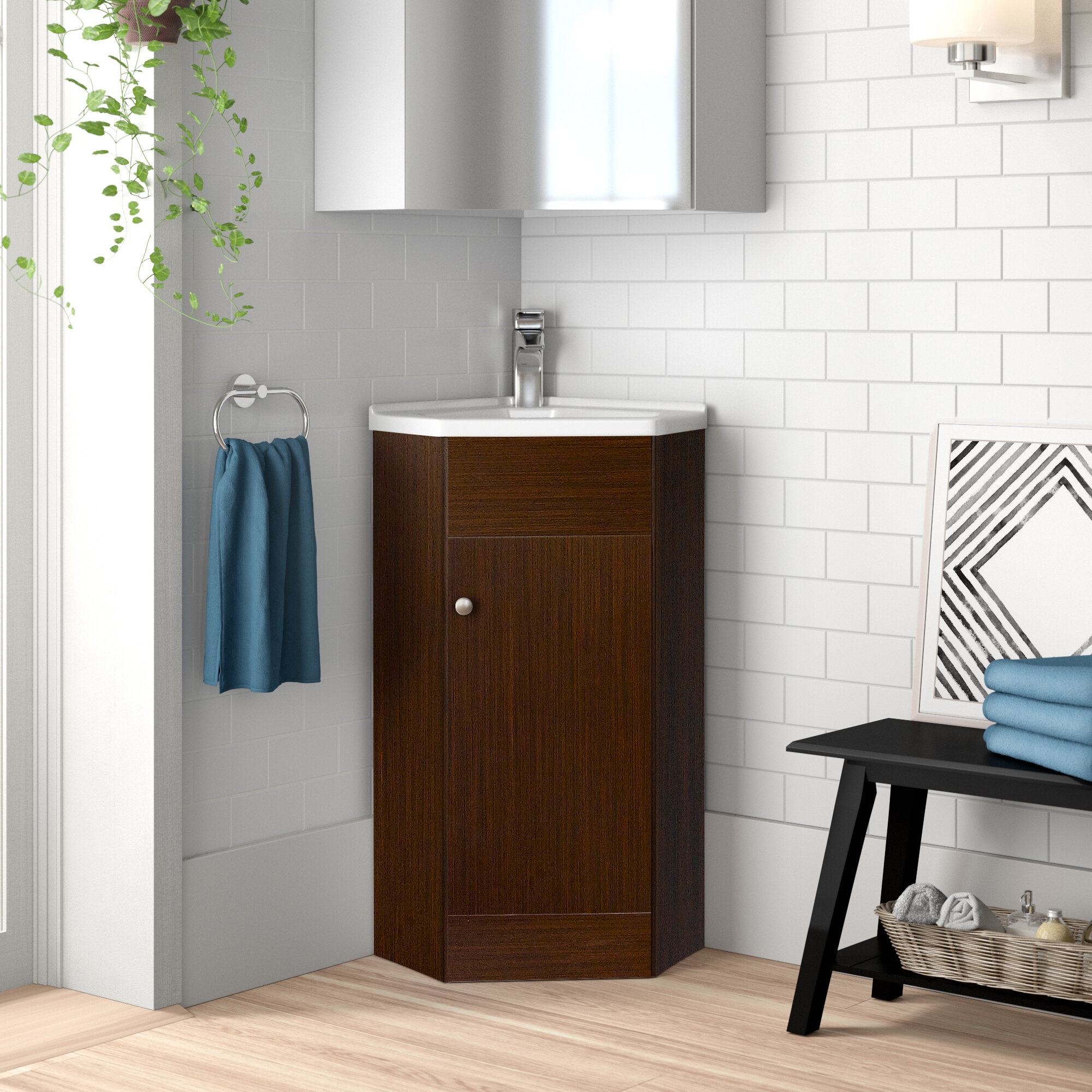 White Plywood Manufactured Wood Vitreous China Corner Single Bathroom Vanity