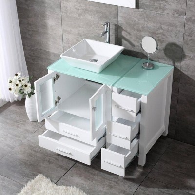 White Tempered Glass Solid Manufactured Wood Single Bathroom Vanity Set With Mirror
