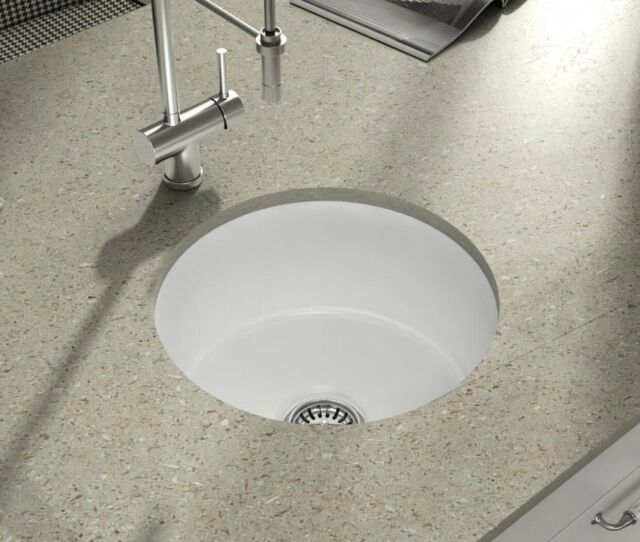 White Undermount Fireclay Round Farmhouse Kitchen Sink With Grid And Strainer
