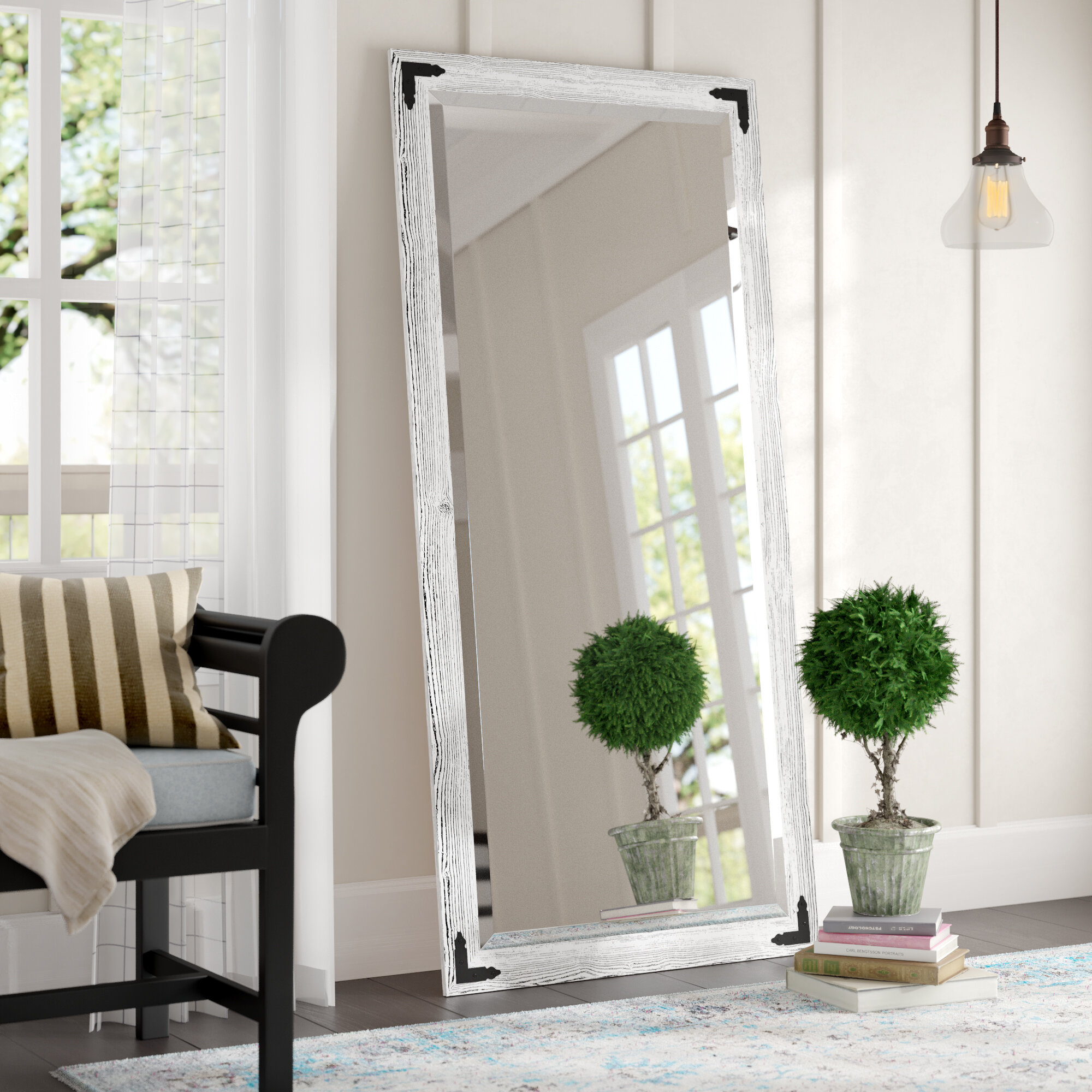 White Washed Wood Rectangle Horizontal Vertical Leaning Antique Beveled Full Length Mirror