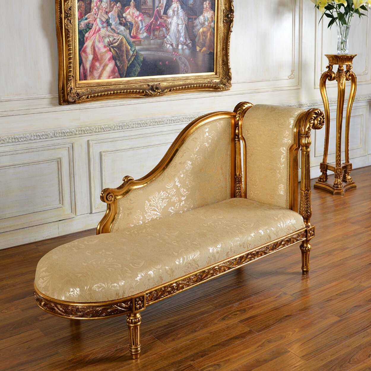 Antique Gold Cotton Blend Wood Chaise Lounge