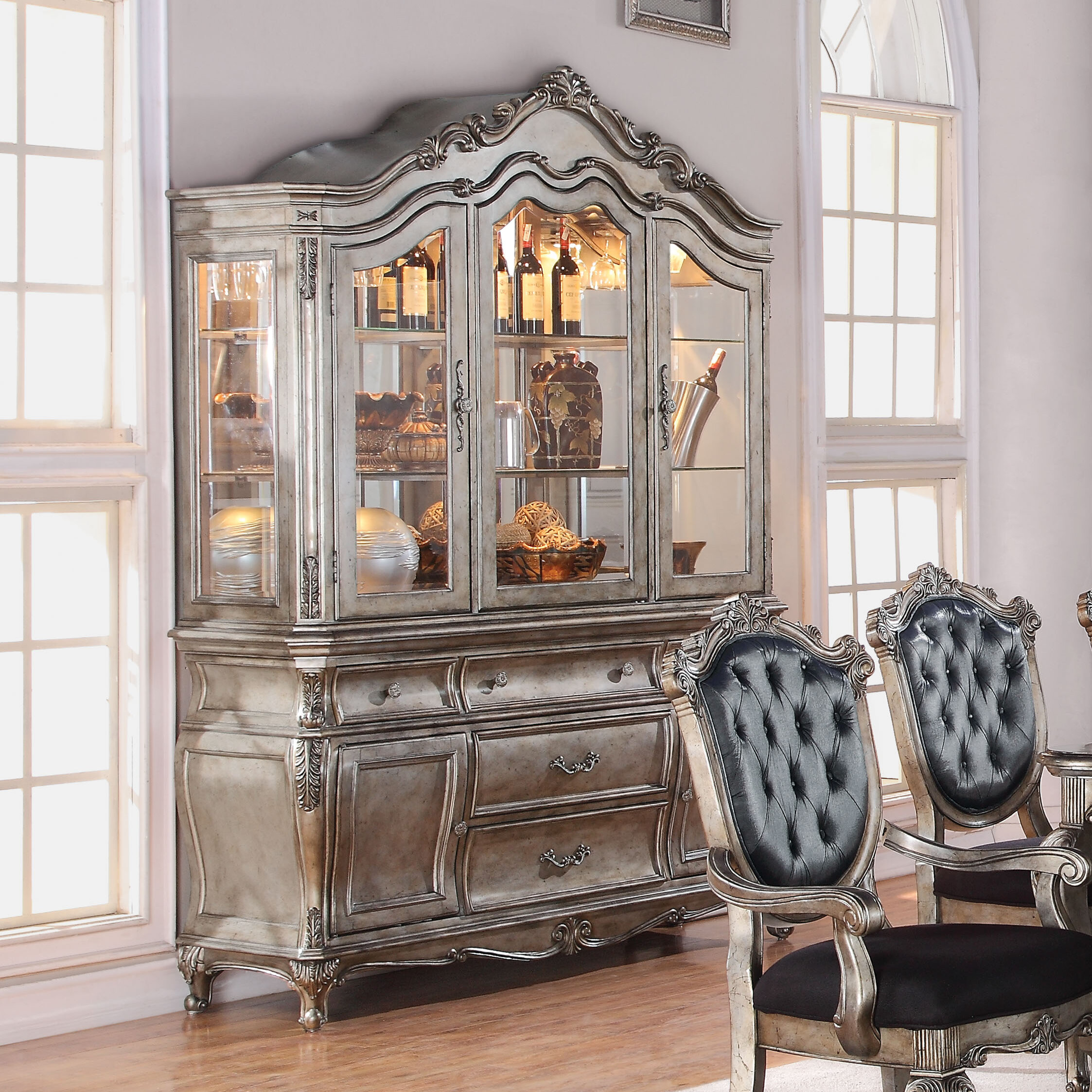 Antique Platinum Solid Manufactured Wood Lighted China Cabinet