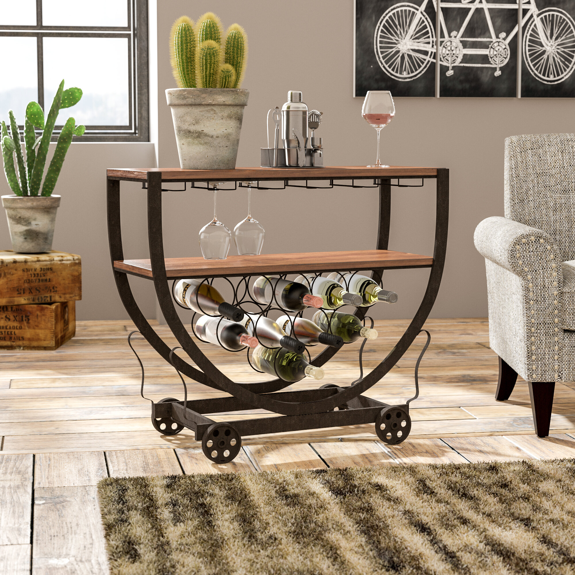 Antiqued Black Floor Wine Bottle And Glass Rack