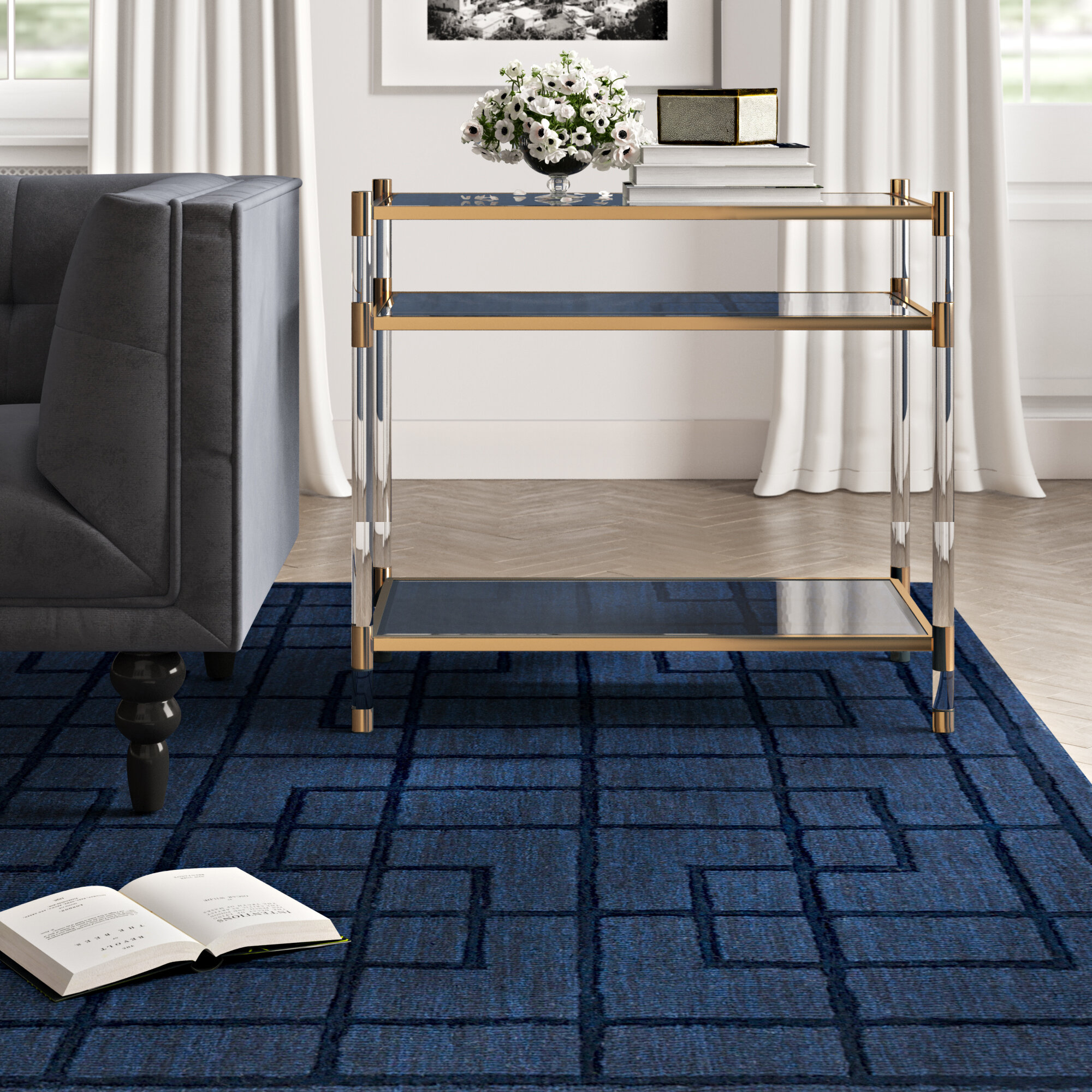 Antiqued Gold Metal Glass End Table