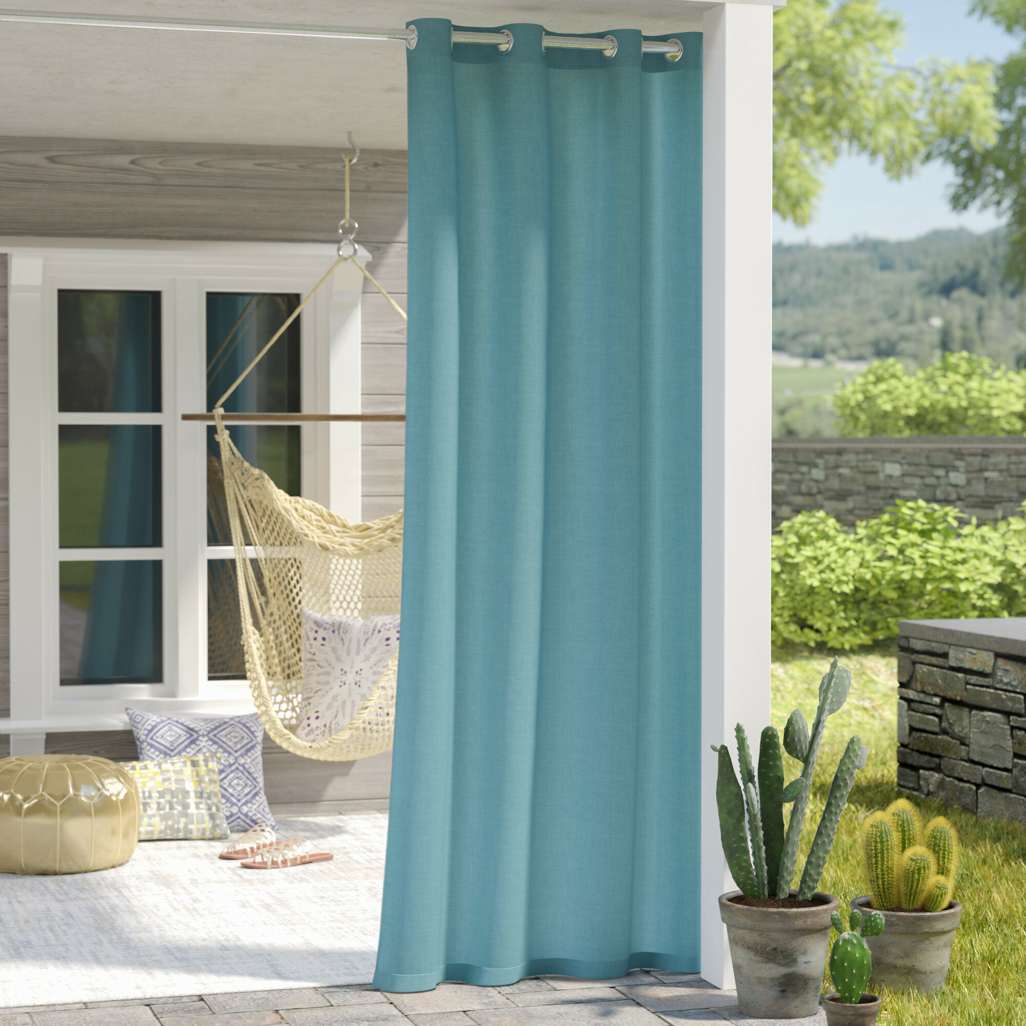 Aqua Polyester Single Curtain Panel