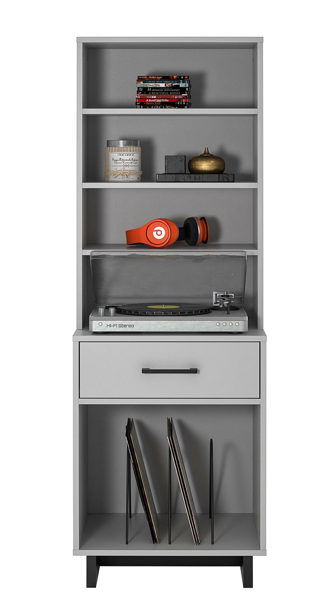 Audio Rack with Cable Management and Adjustable Shelves in Grey