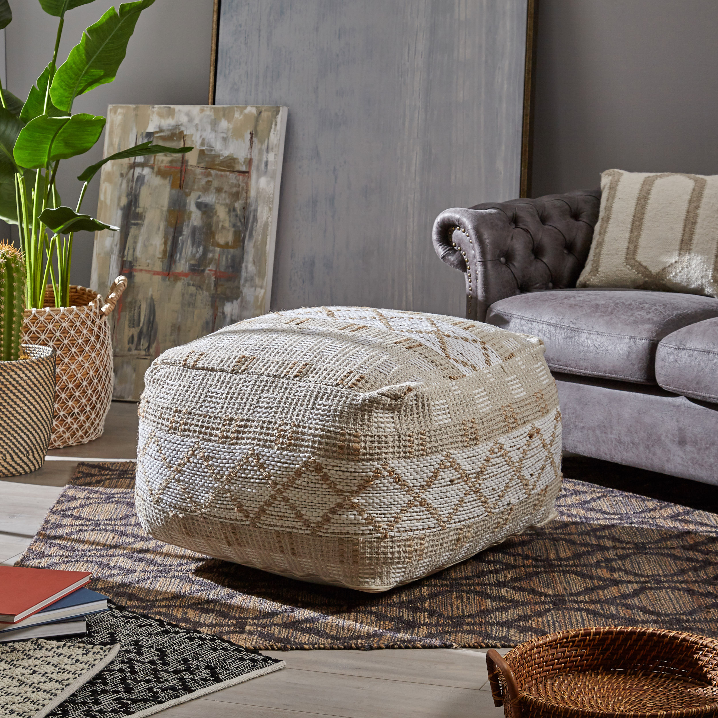 Beige Brown Polyester Square Pouf