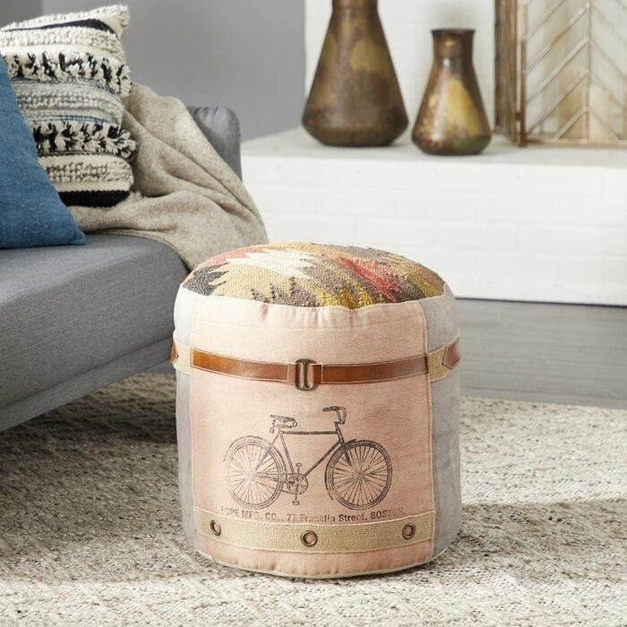 Beige Genuine Leather Round Pouf